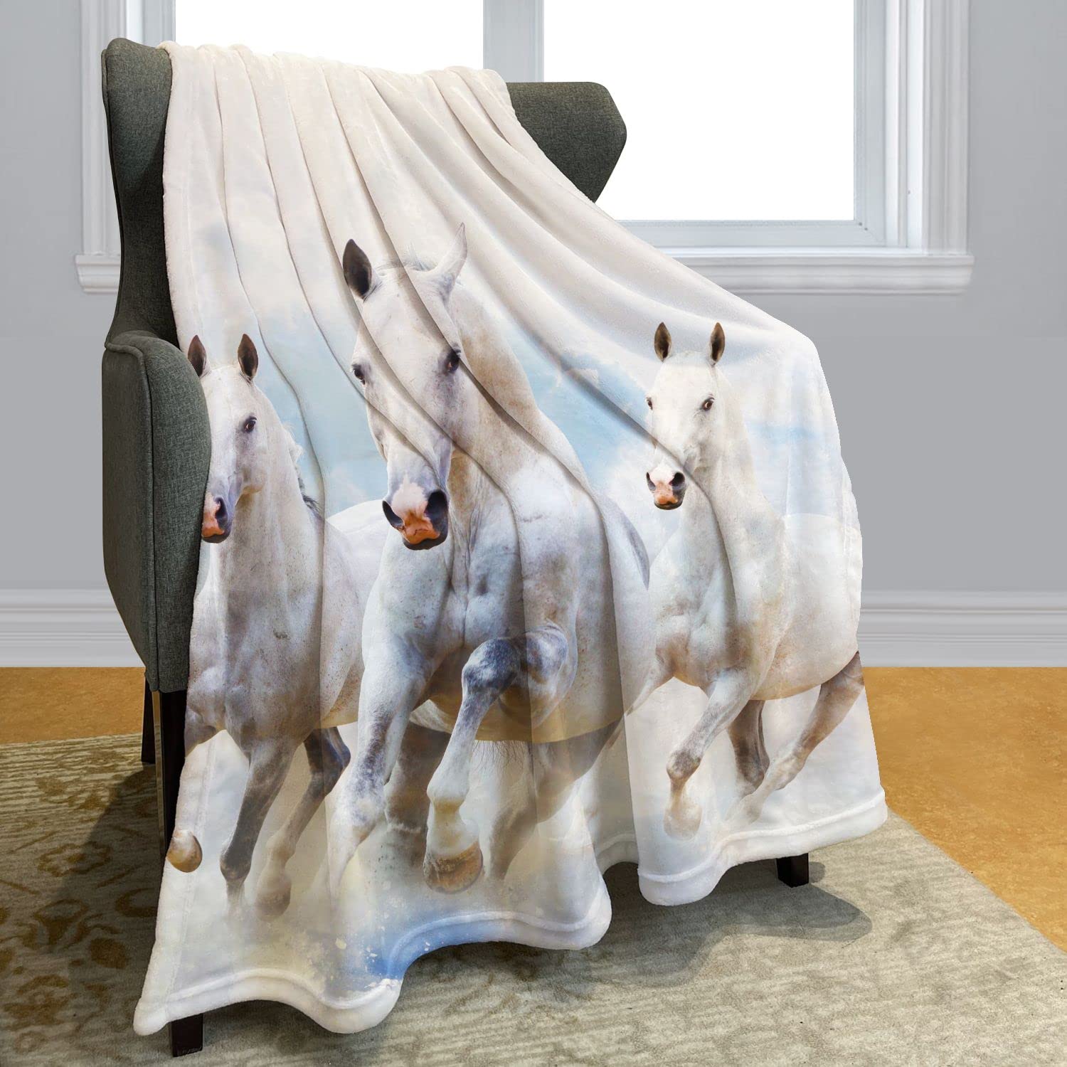 Premium White Horse Throw Blanket - Soft Fleece Running Animal Design - Cozy Warm Cloud Pattern Blanket for Sofa, Couch & Bed (60