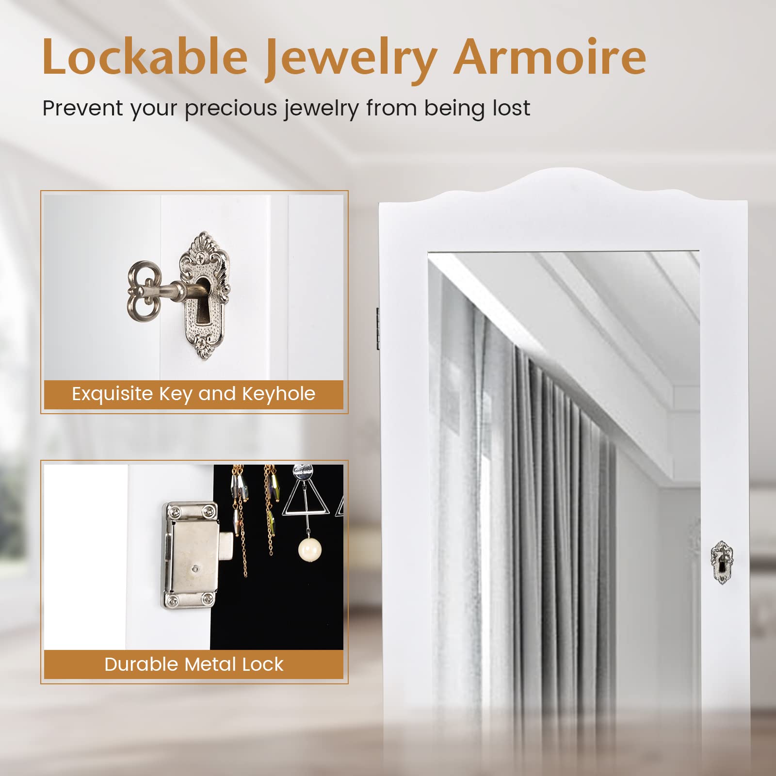 Byroce Freestanding Jewelry Armoire with Full-Length Mirror - Lockable Jewelry Organizer Cabinet with 4 Adjustable Angles, Large Capacity Jewelry Storage for Women & Girls (White) | Perfect for Bedroom, Closet & Dressing Room Organization
