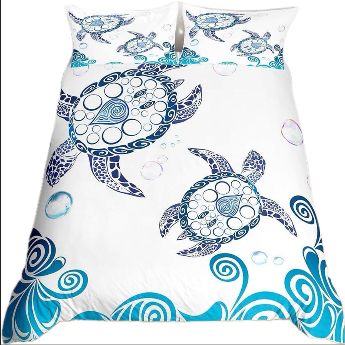 Soft Microfiber Turtle Print Duvet Cover Set - Full Size White & Blue Sea Turtle Pattern Bedding - Cute Ocean Themed Quilt Cover for Kids & Adults - Perfect for Beach House Decor, Coastal Bedroom, and Marine Lover's Home