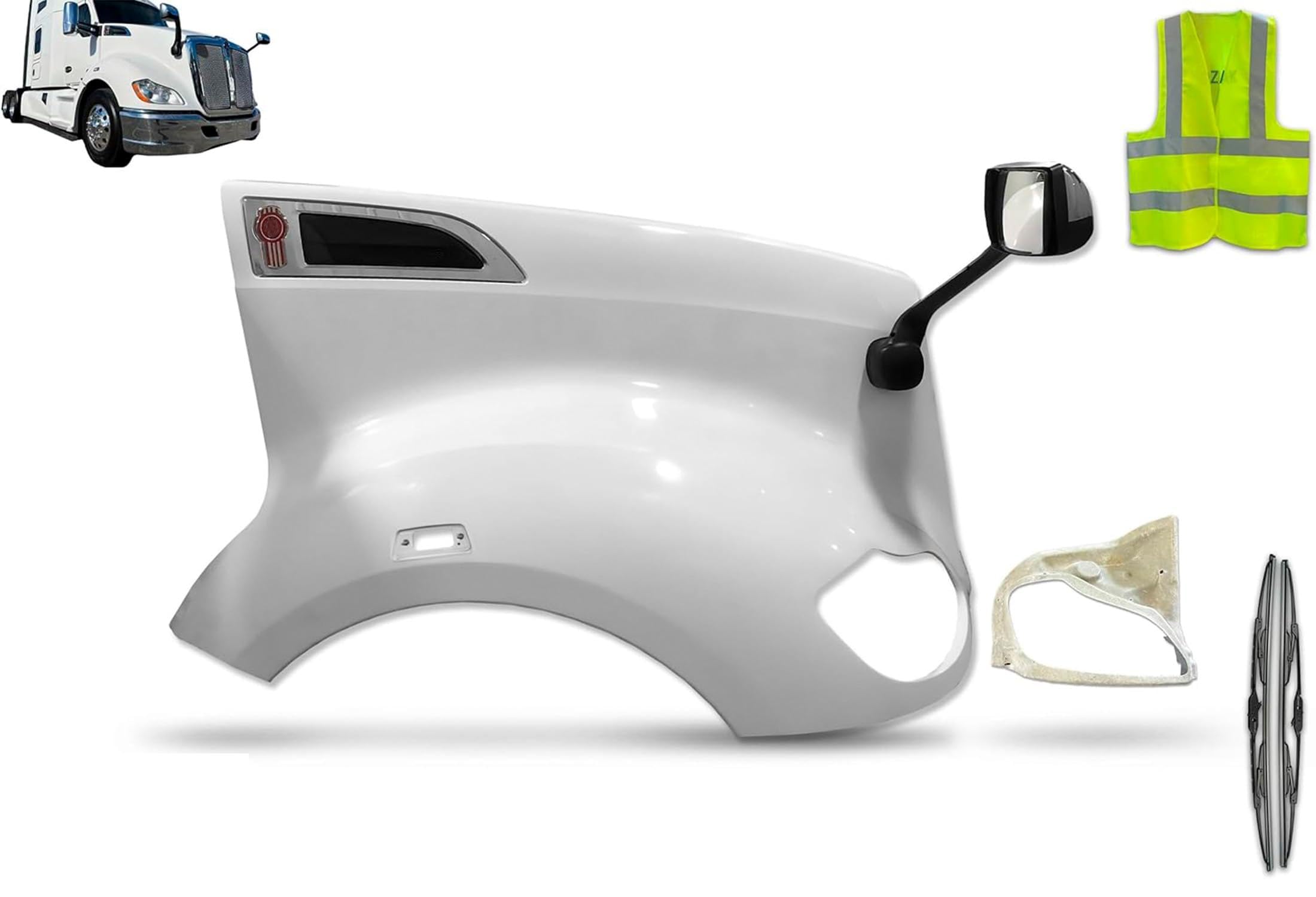 KOZAK Long Service Hood Fender (Passenger Right Side) with Corner Frame Headlight, Air Intake & Chrome Hood Mirrors - Compatible with Kenworth T680 2012-2021 Models | Includes Logo, Wipers, License Plate Frame & Vest | Perfect for Truck Maintenance, Replacement Parts & Custom Upgrades