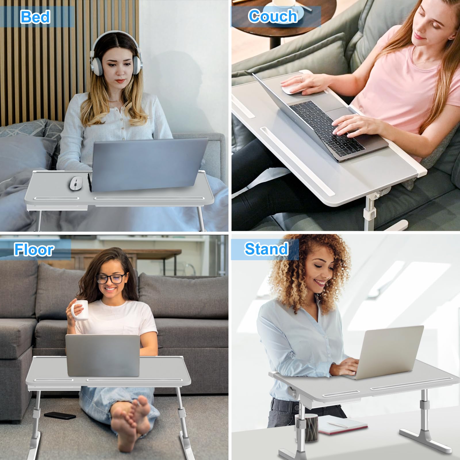 Adjustable Leather Laptop Desk for Bed - XL Foldable Lap Stand with Drawer & 2 Movable Stoppers (23.6 inch, Grey) - Perfect for Working, Writing, Eating on Bed, Couch or Floor