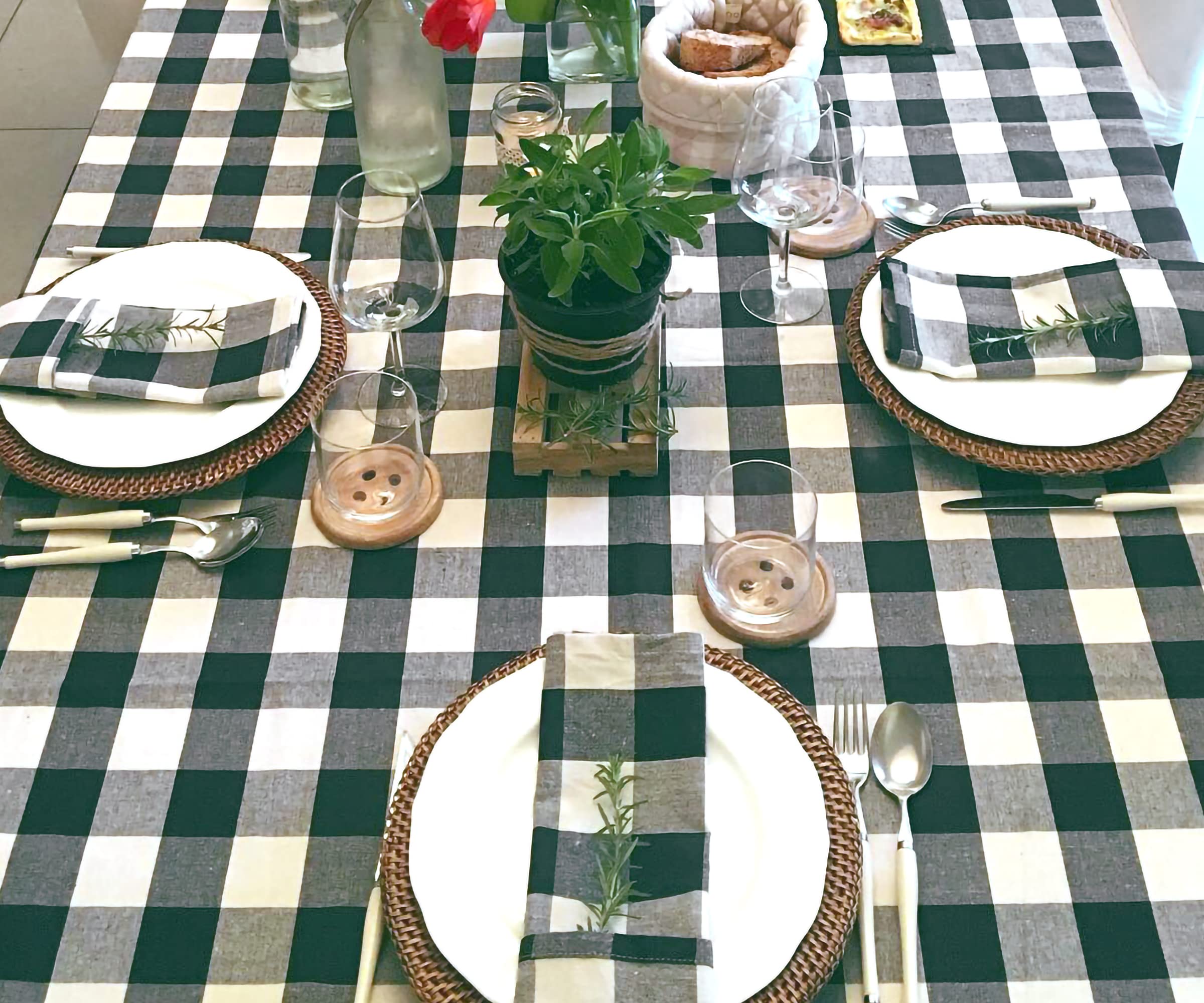 Green & White Buffalo Plaid Tablecloth - Heavy Duty Washable Cotton Linen Gingham Table Cover for Kitchen, Dining Room, Holiday, Picnic | Farmhouse Style Spring & Easter Decor | 63x109 Inches