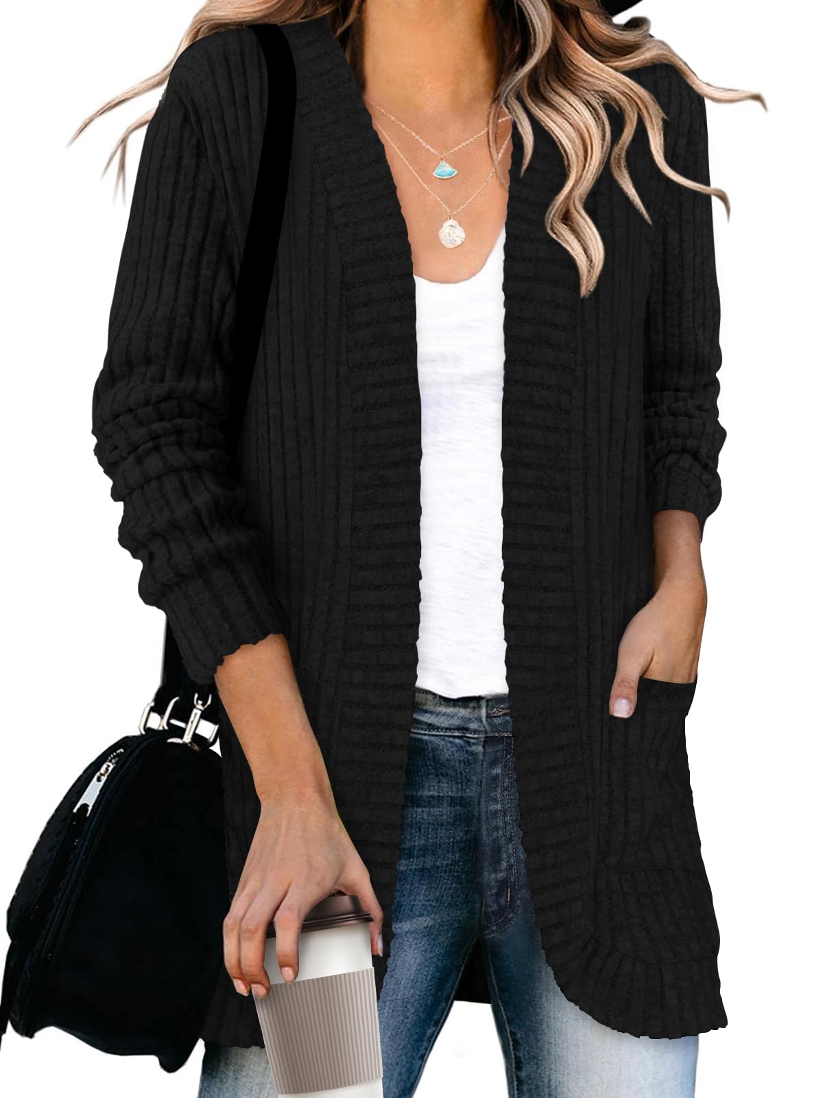 DB MOON Women's Lightweight Long Cardigan Sweater - Open Front Long Sleeve Coat with Pockets | Perfect for Office, Travel & Casual Outfits