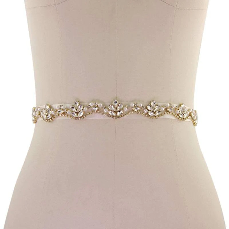 Elegant Crystal & Pearl Embellished Gold Wedding Belt - Organza Bridal Sash for Dresses - Perfect for Bridal Showers, Weddings & Formal Occasions