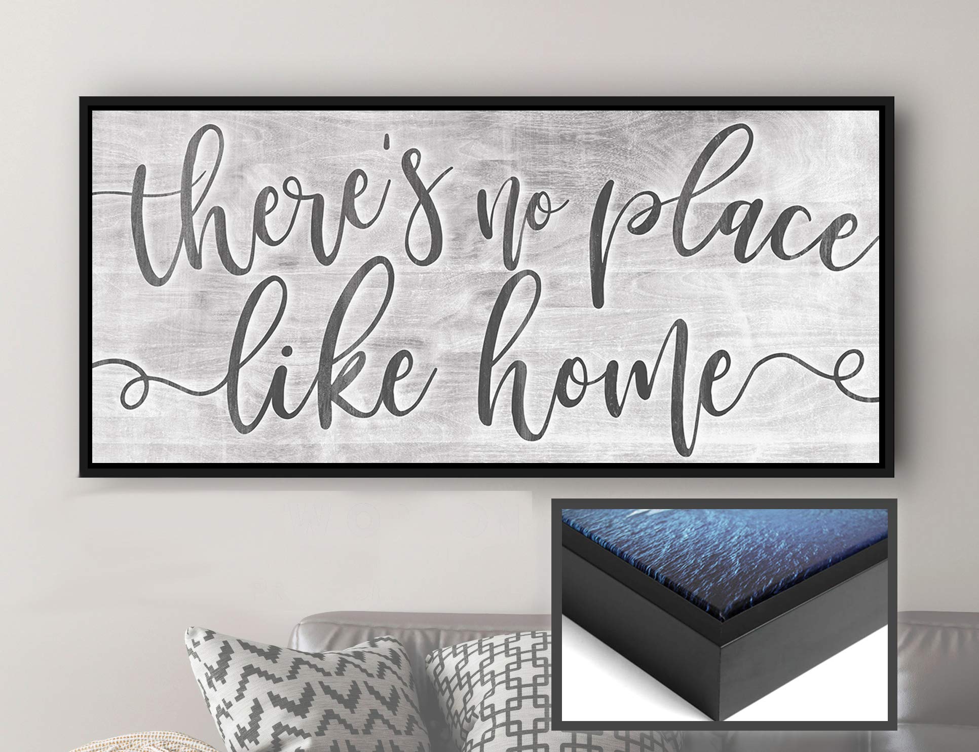 Artistic Home Wall Decor - 'There's No Place Like Home' Framed Print (42x19 Inch) | Rustic Living Room Decoration | Housewarming Gift Idea | Perfect for Farmhouse, Apartment & Office Decor | Light Grey with Black Floating Frame