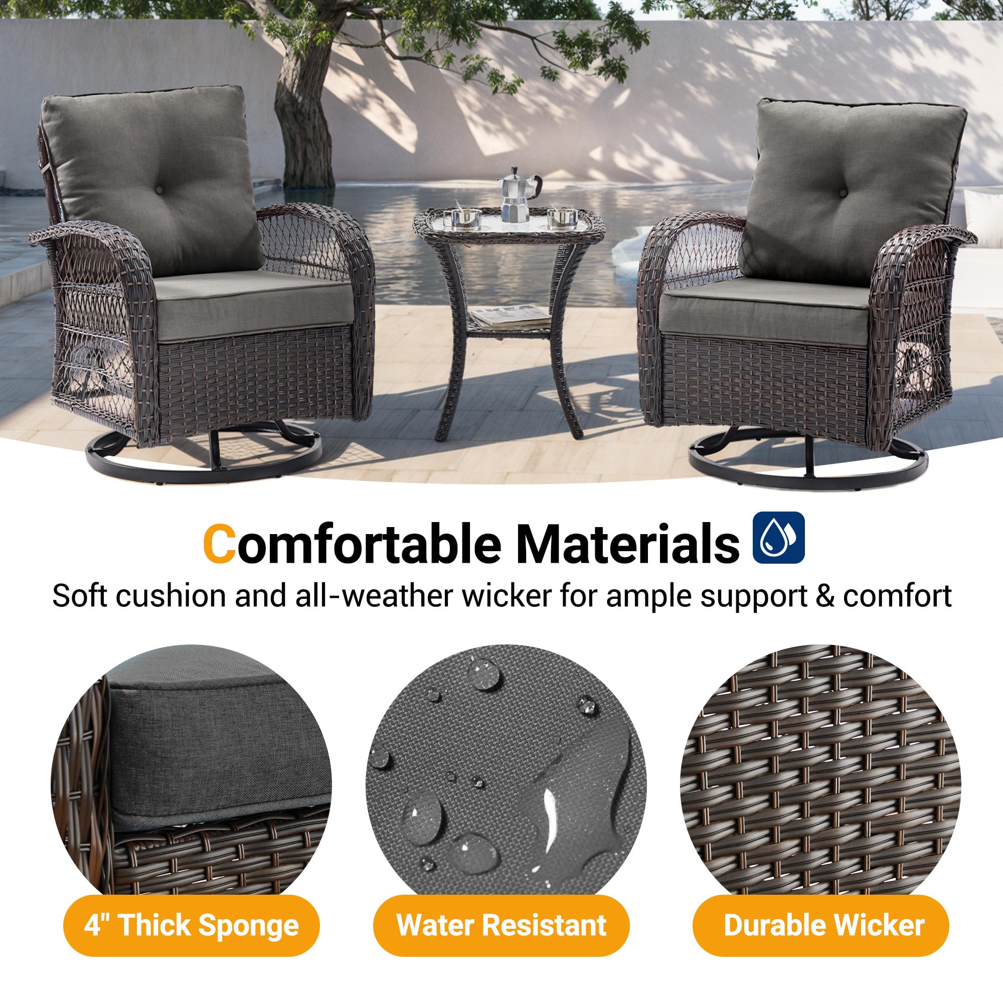 UDPATIO 3-Piece Outdoor Patio Furniture Set - 2 Swivel Rocking Chairs with Thick Cushions & Glass Coffee Table - All-Weather Wicker Glider Chairs for Porch, Deck, Backyard, Garden (Grey) | Perfect for Relaxing, Entertaining & Outdoor Lounging