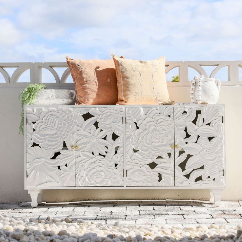 Hand Carved Large Floral Wood Sideboard Cabinet - Rustic Farmhouse Buffet Storage for Dining Room & Living Room