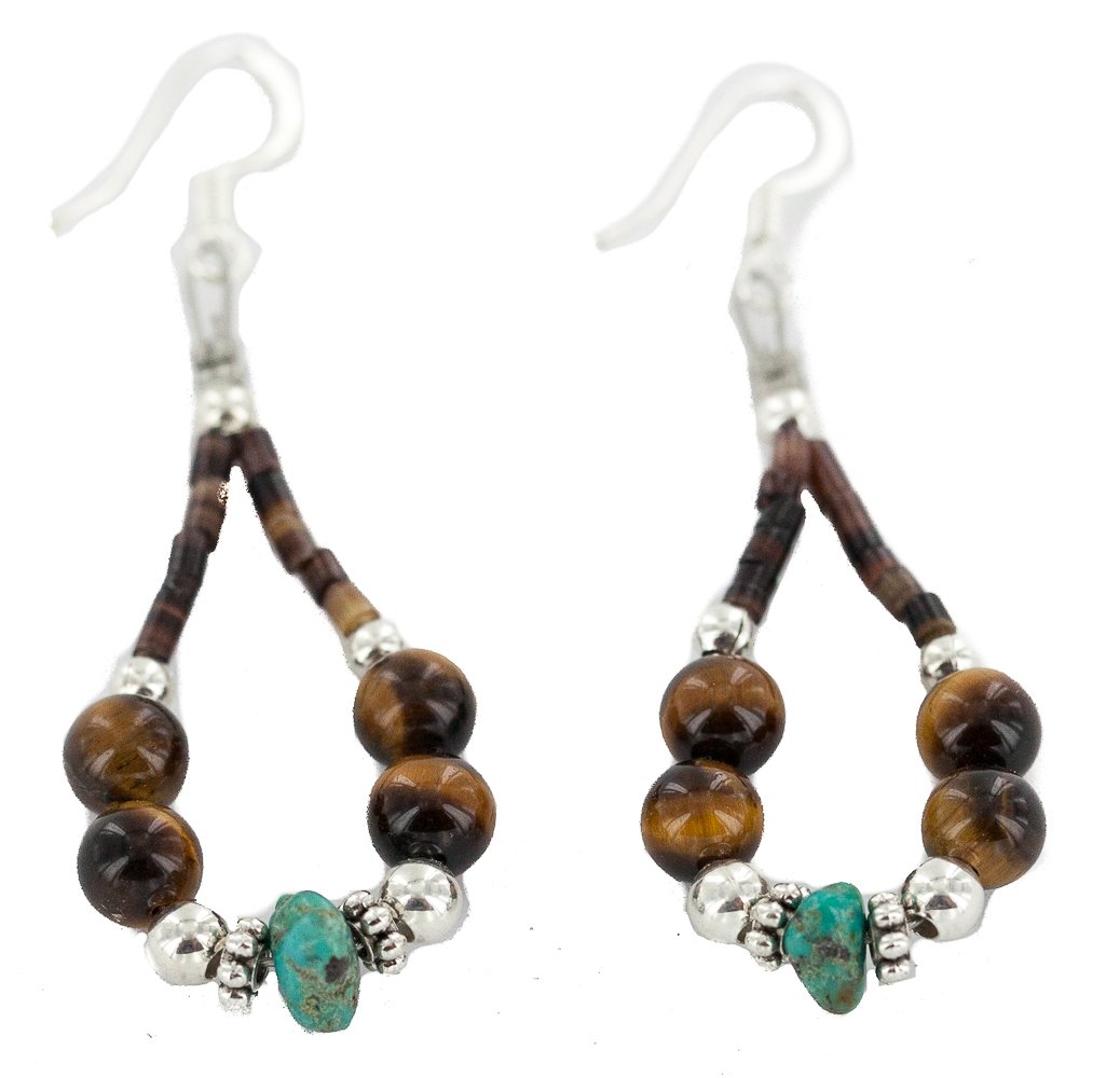 Loma Siiva Sterling Silver Turquoise Tigers Eye Hoop Dangle Earrings - Certified 925 Silver Hooks - Elegant Boho Jewelry for Women - Perfect for Parties, Weddings & Everyday Wear