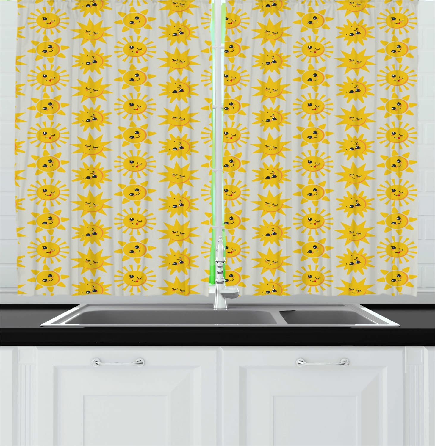 Ambesonne Cartoon Sun Faces Kitchen Curtains - 55