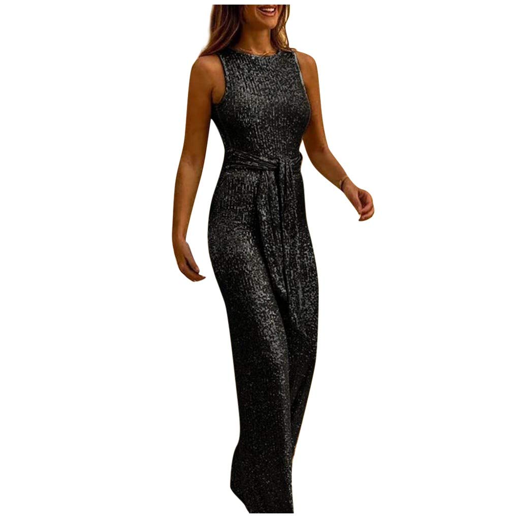 Elegant Women's Sleeveless Wide Leg Jumpsuit with Belt - Sexy Cocktail Party Romper Pantsuit for Night Out, Dinner Date & Special Occasions