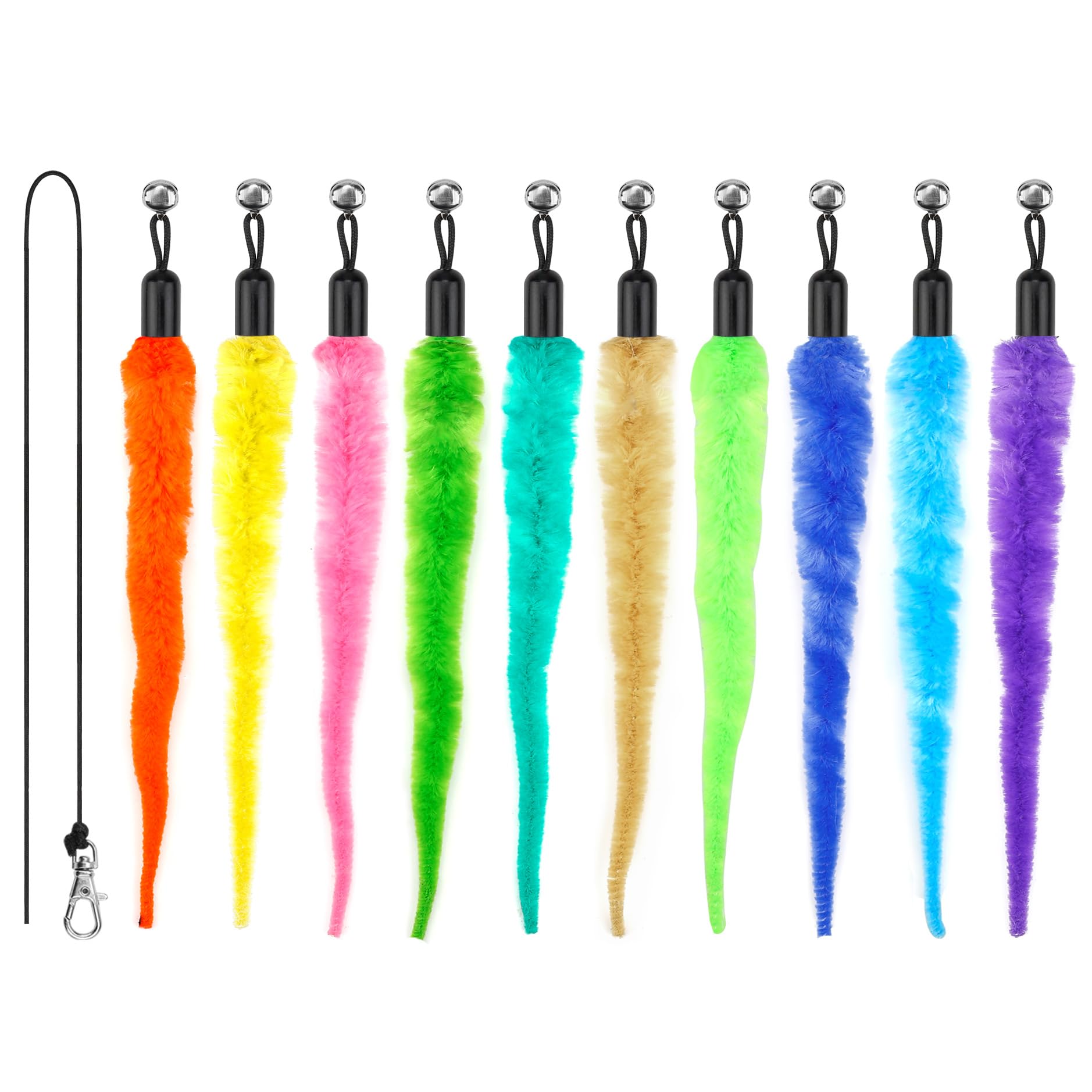 10PCS Cat Worm Toy Set with Feather Attachments & Black String - Interactive Teaser Wand Replacement for Indoor Cats & Kittens - Perfect for Playtime, Exercise, and Bonding with Your Feline Friend