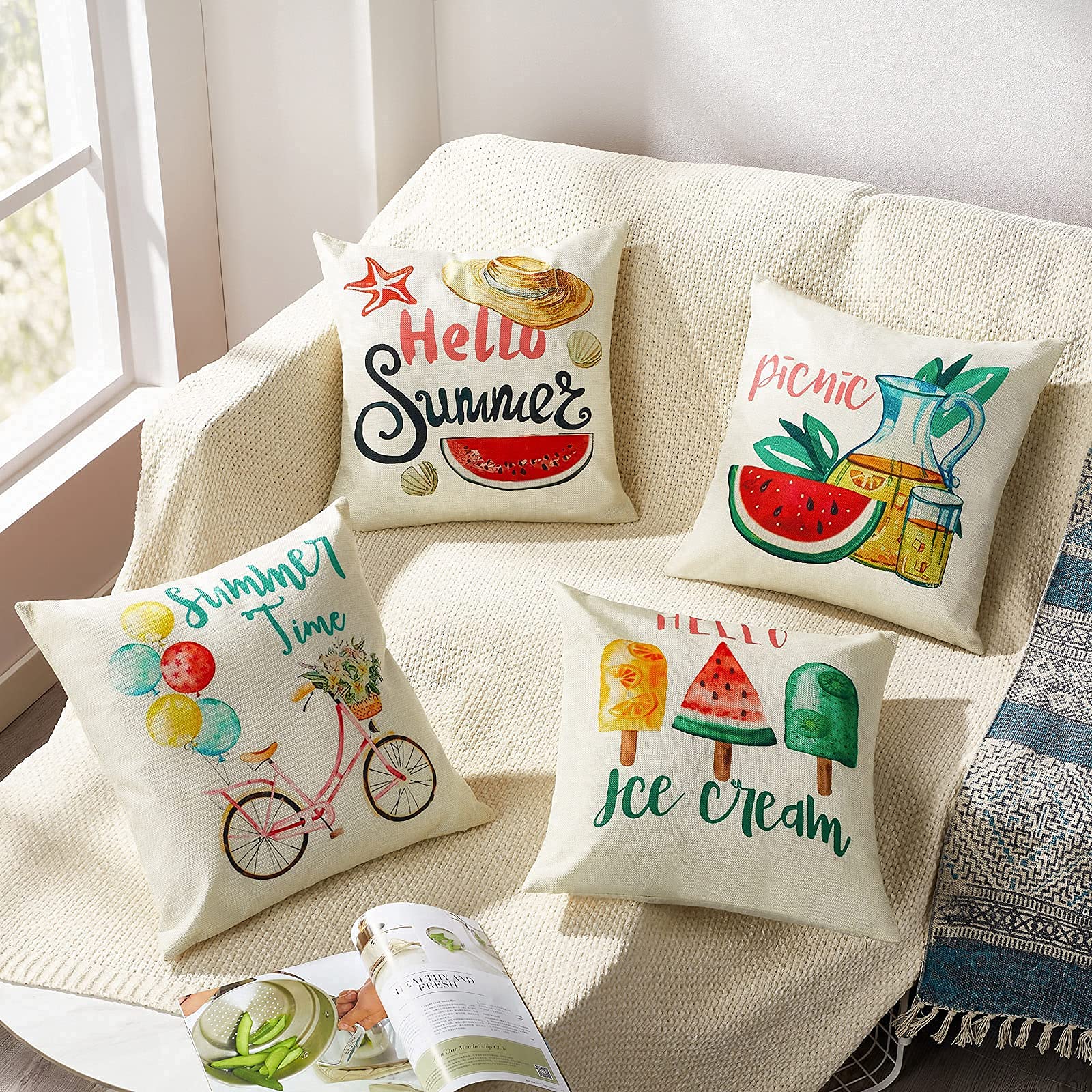 Watermelon Print Summer Pillow Covers 18x18 Inch - Set of 4 Farmhouse Boho Decorative Throw Pillow Cases for Sofa, Couch, Bedroom - Perfect for Living Room Decor, Outdoor Patio & Seasonal Home Styling