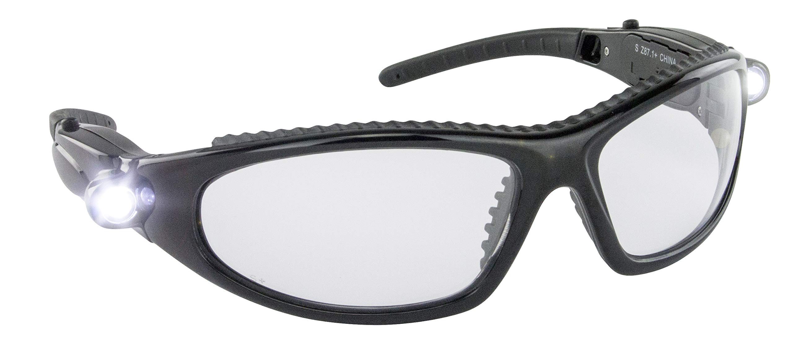 Ultra Bright LED Safety Glasses with Built-In Lights - Black Frame & Clear Polycarbonate Lens - 99.9% UV Protection - High Impact Resistant Safety Eyewear for Construction Workers, Electricians & Mechanics - Ideal for Night Work, DIY Projects, Home Improvement & Outdoor Activities in Low Light Conditions