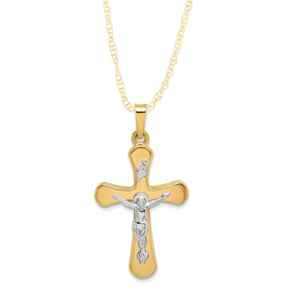 14K Two-Tone Yellow Gold & White Gold INRI Crucifix Pendant Necklace - Polished Cross Charm with Rounded Edges, Religious Jewelry Gift for Women & Men - Perfect for Baptism, First Communion, Confirmation & Daily Wear