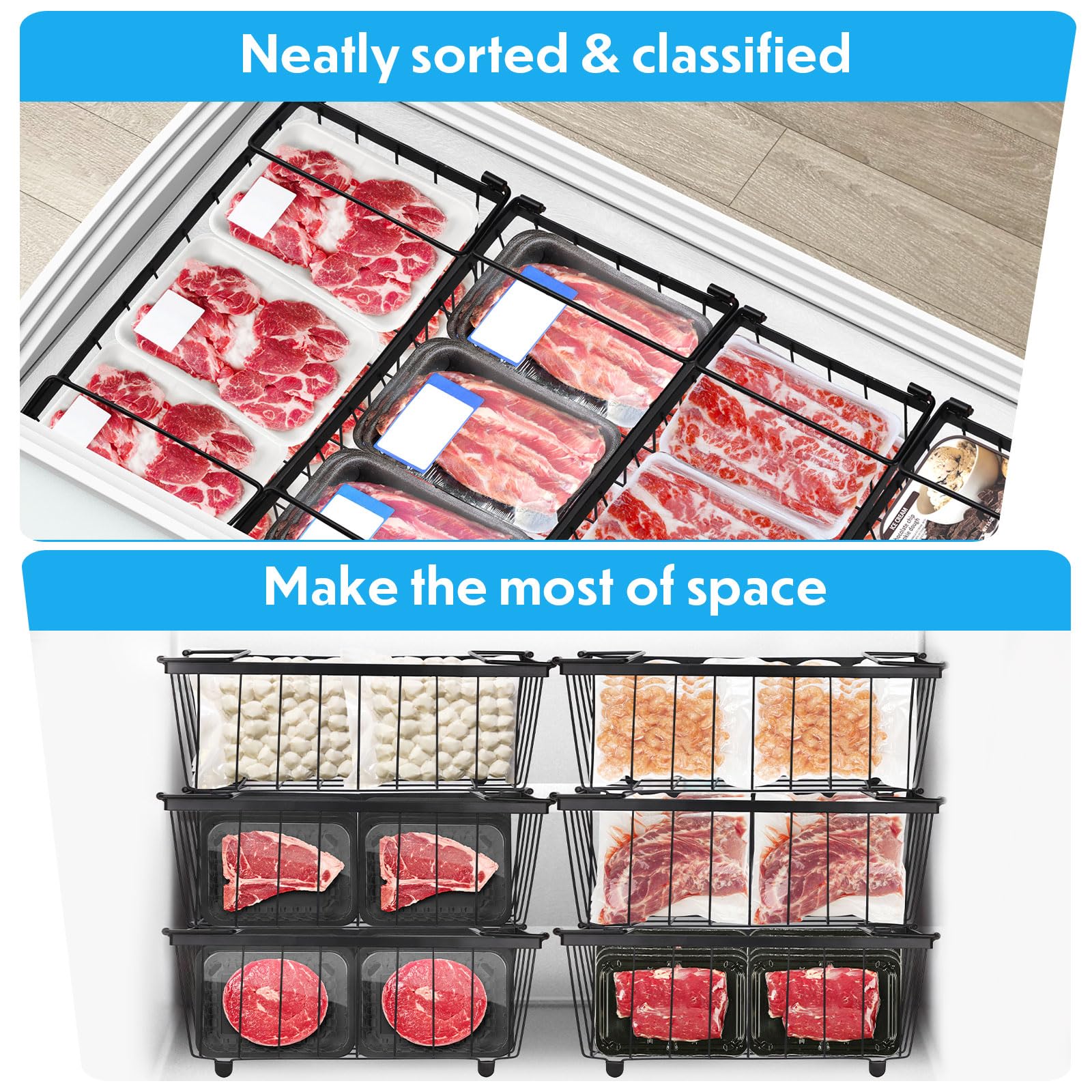 4 Pack Stackable Freezer Organizer Bins - Metal Wire Storage Baskets with Handles for 5 & 7 Cu.FT Chest Freezers - Pantry & Deep Freezer Organization - Perfect for Frozen Food Storage & Kitchen Organization
