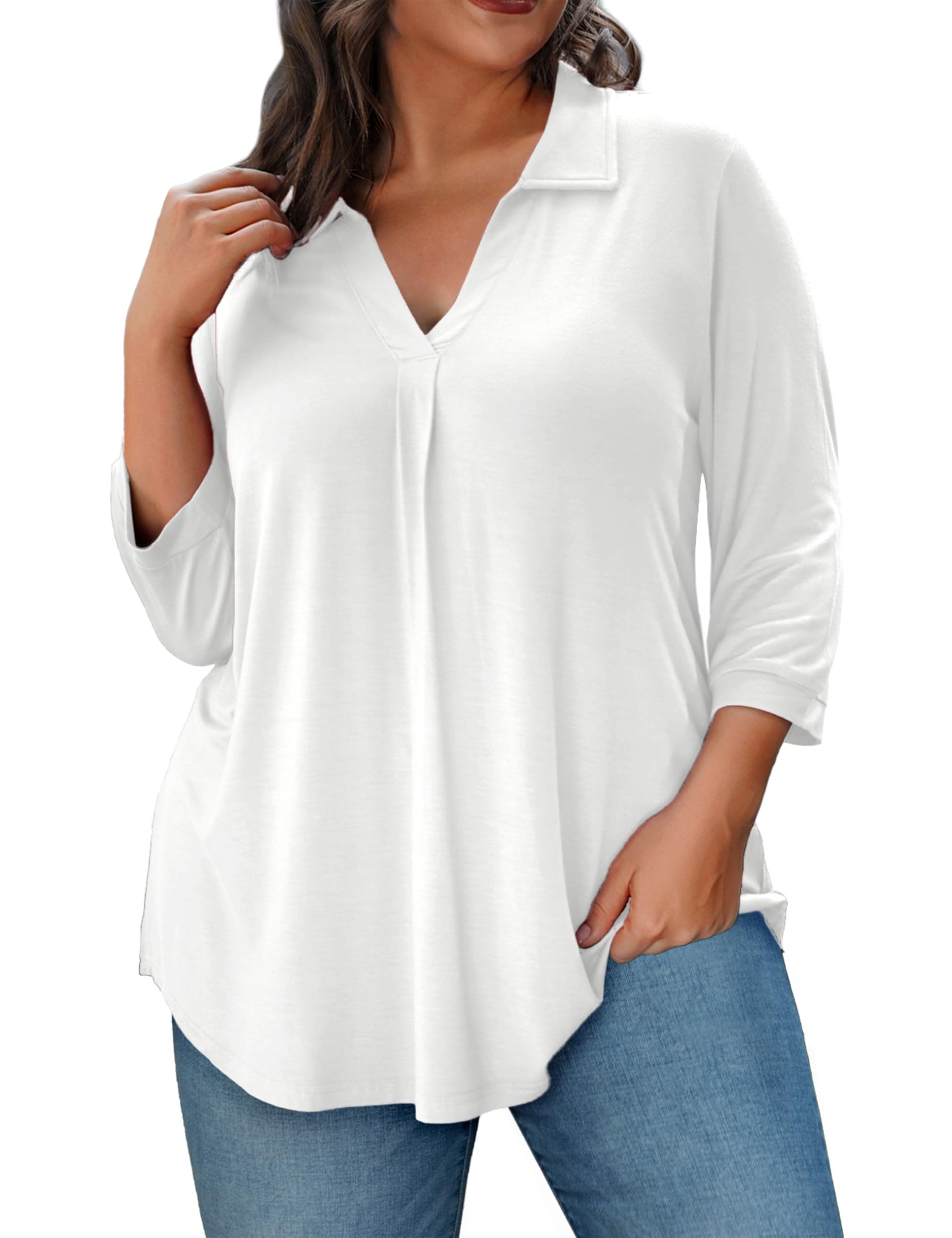 REDHOTYPE Women's Plus Size 3/4 Sleeve Collared V-Neck Blouse - Casual Work Tunic Top for Office & Everyday Wear