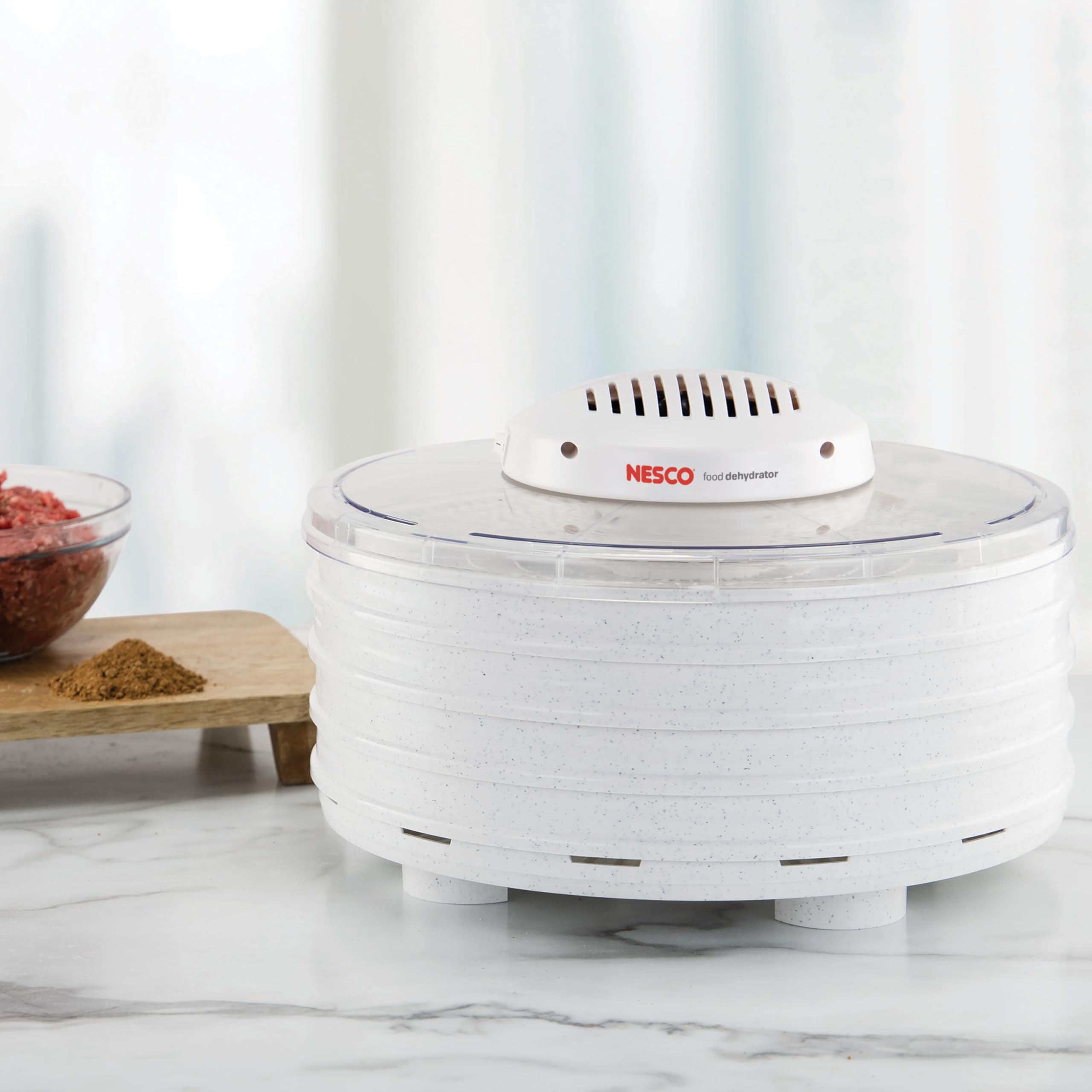 NESCO FD-37 Food Dehydrator Machine - 4 Stainless Steel Trays for Drying Fruits, Vegetables, Beef Jerky & Healthy Snacks | White/Clear Design | Perfect for Home Kitchen, Camping & Meal Prep