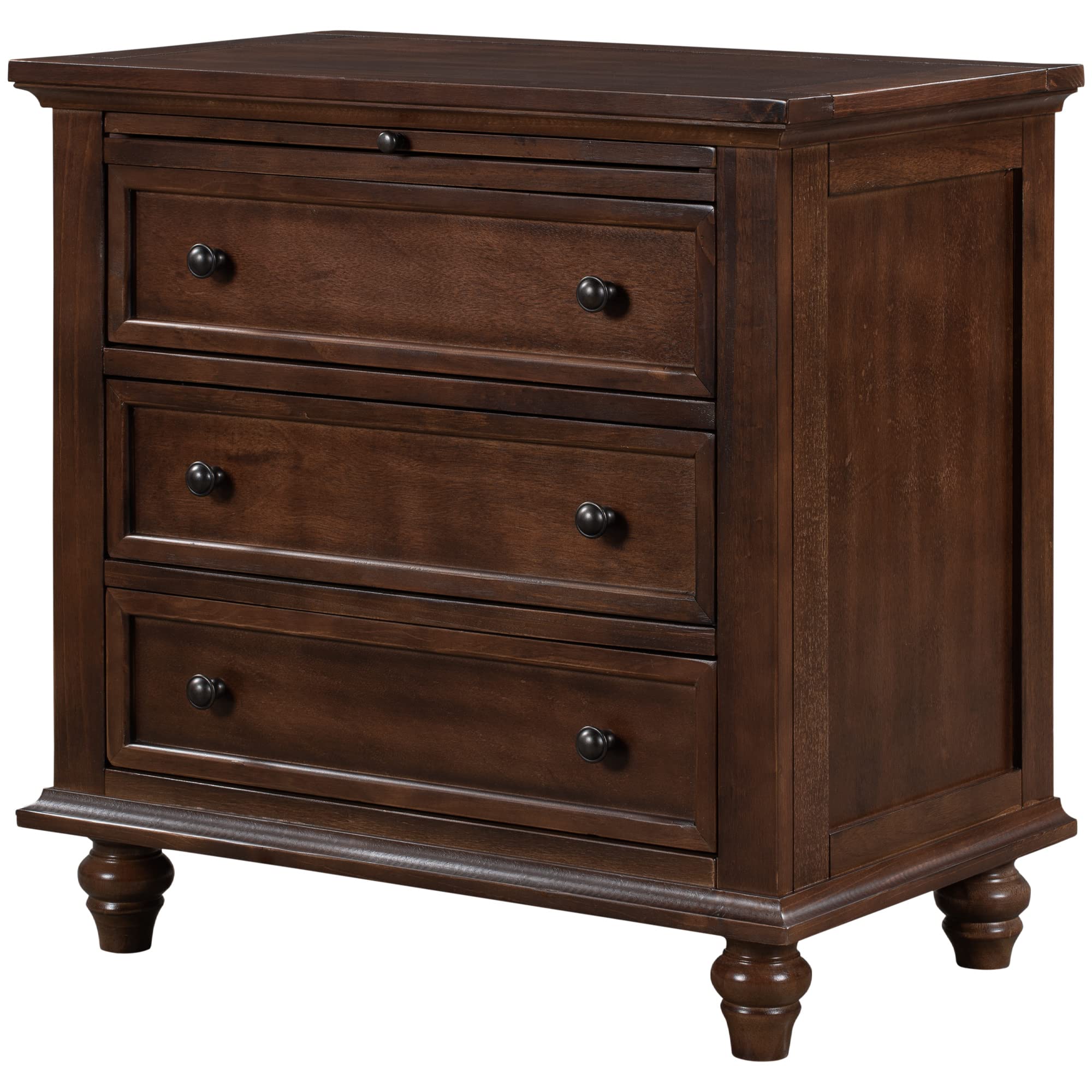 3-Drawer Wooden Bedside End Table with Pull-Out Tray - Nightstand for Bedroom, Living Room & Home Decor - Brown Finish | Perfect for Small Spaces, Apartment Essentials & Storage Solutions
