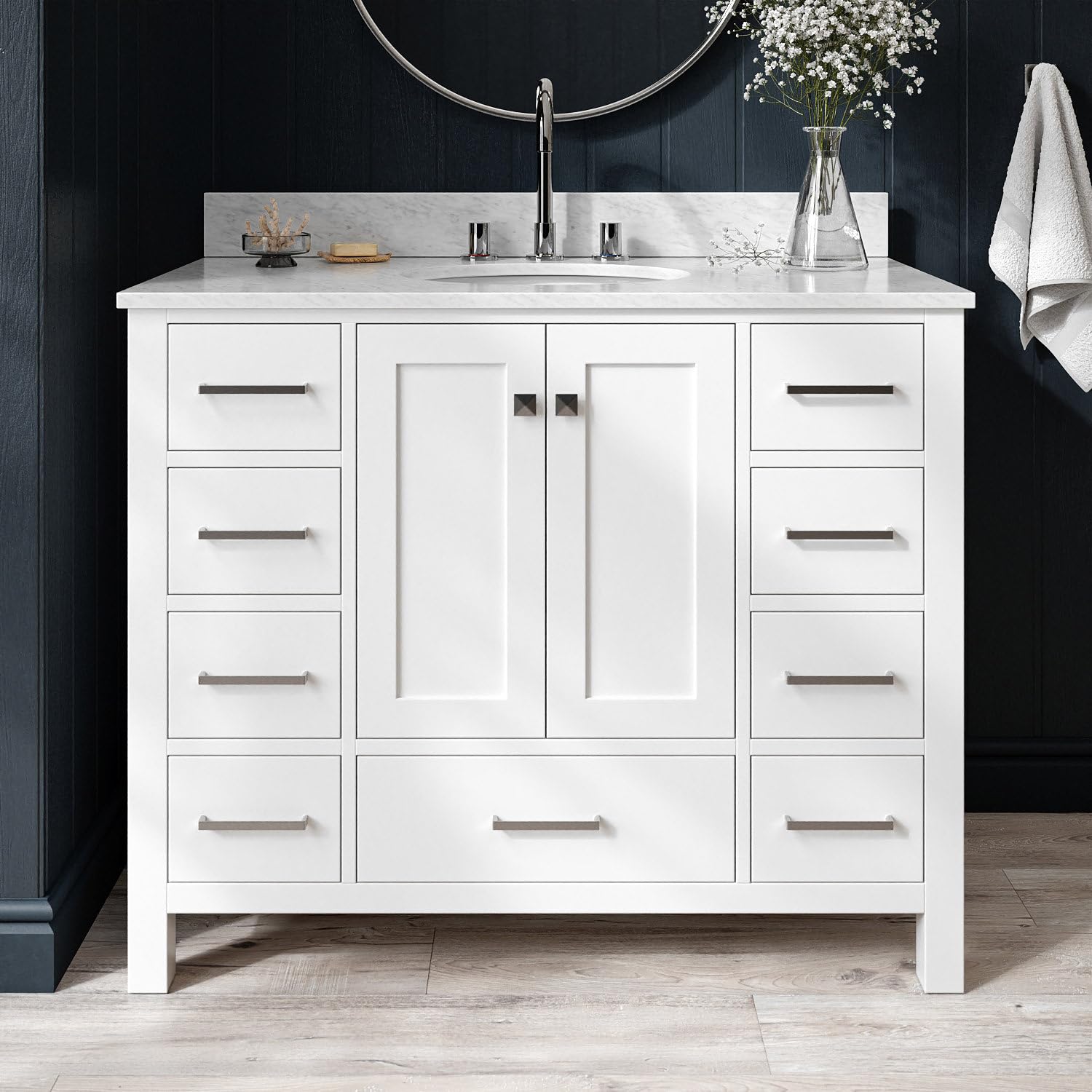 Ariel Cambridge 43 Inch White Bathroom Vanity with Sink - Solid Wood Vanity Cabinet, Carrara Marble Countertop & Oval Undermount Single Sink - 2 Soft Closing Doors & 9 Drawers - Perfect for Modern Bathroom, Master Bath, or Powder Room Remodel