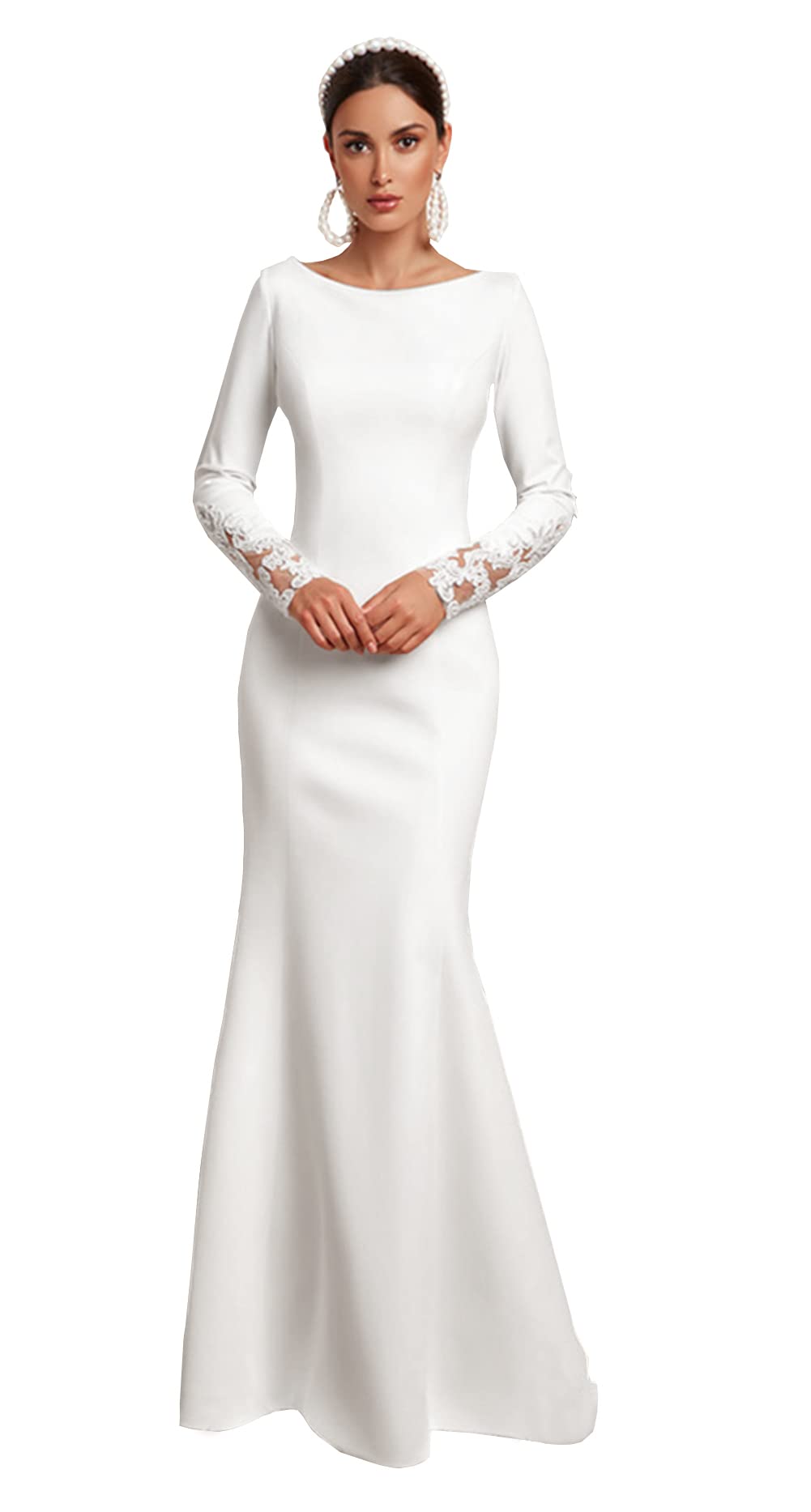Emanni Women's Elegant Satin Mermaid Wedding Dress with Long Sleeves & Lace Appliques - White Bridal Gown for Beach, Church, and Formal Weddings