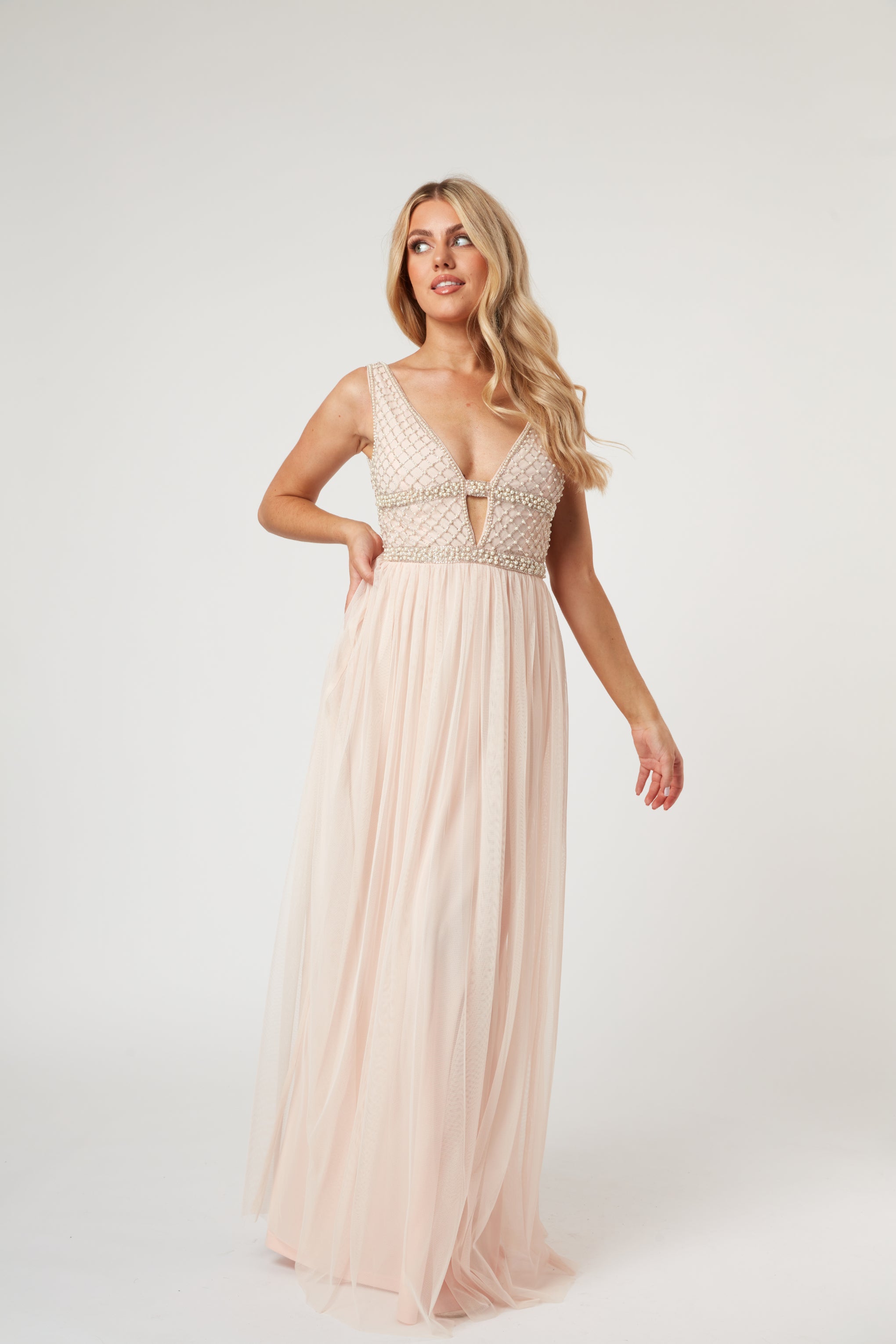 Myla Nude Embellished Maxi Dress for Women - Elegant Long Formal Gown with Intricate Details | Perfect for Weddings, Galas & Evening Events