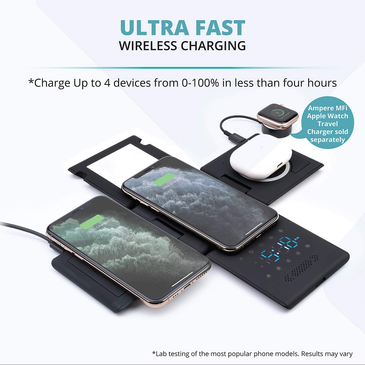 HyperCube 3-in-1 Foldable Wireless Charging Station - 10W Fast Charger for iPhone 13/14/15, Apple Watch Series 9/8/7, AirPods Pro & LED Alarm Clock - Includes 60W PD Adapter & 6.5ft USB-C Cable (Black) | Perfect for Bedside, Office, Travel & Nightstand Charging
