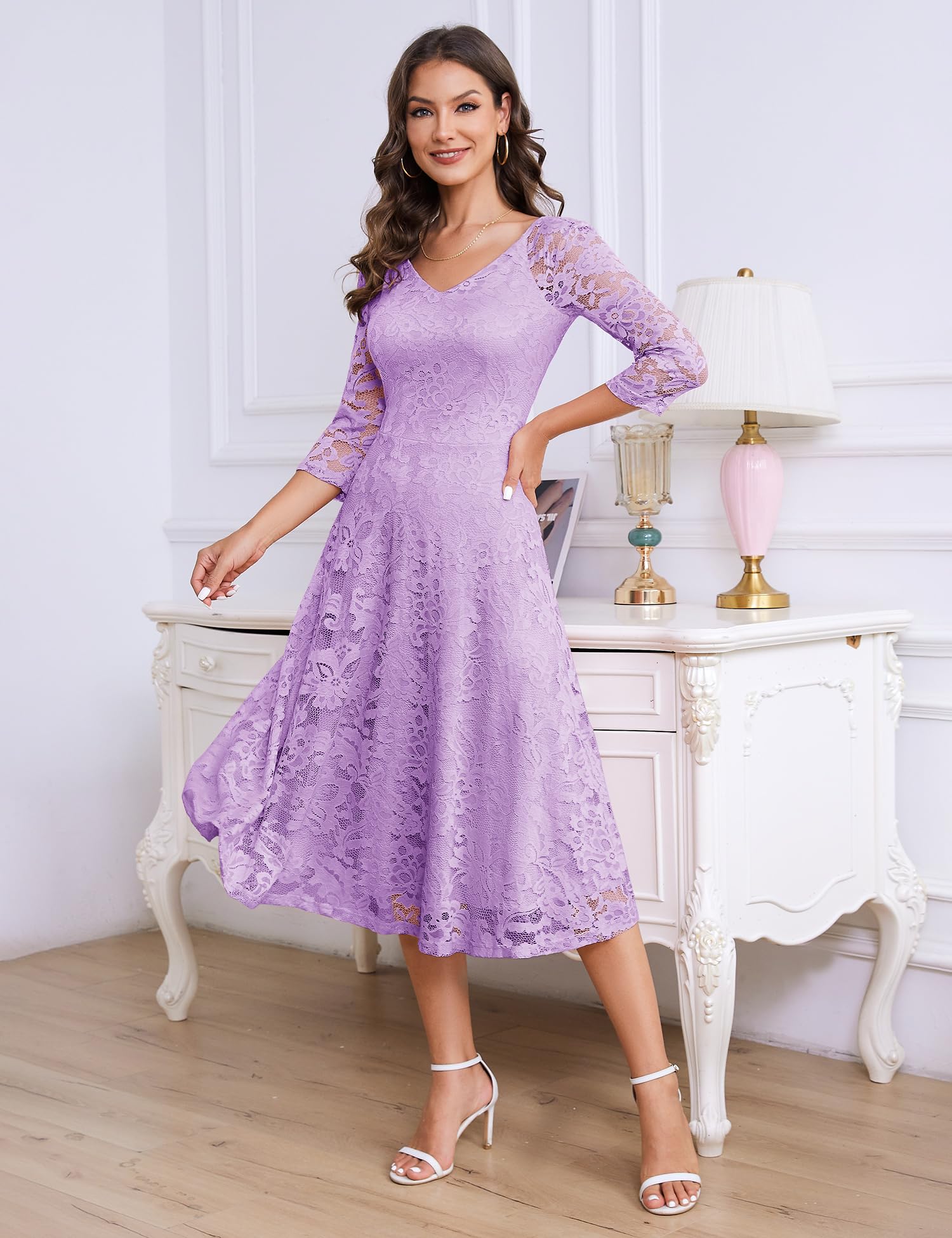 Elegant Long-Sleeve Lace Wedding Guest Dress for Women - A-Line Formal Cocktail Party Midi Dress & Prom Gown | Perfect for Weddings, Galas, Evening Events and Special Occasions