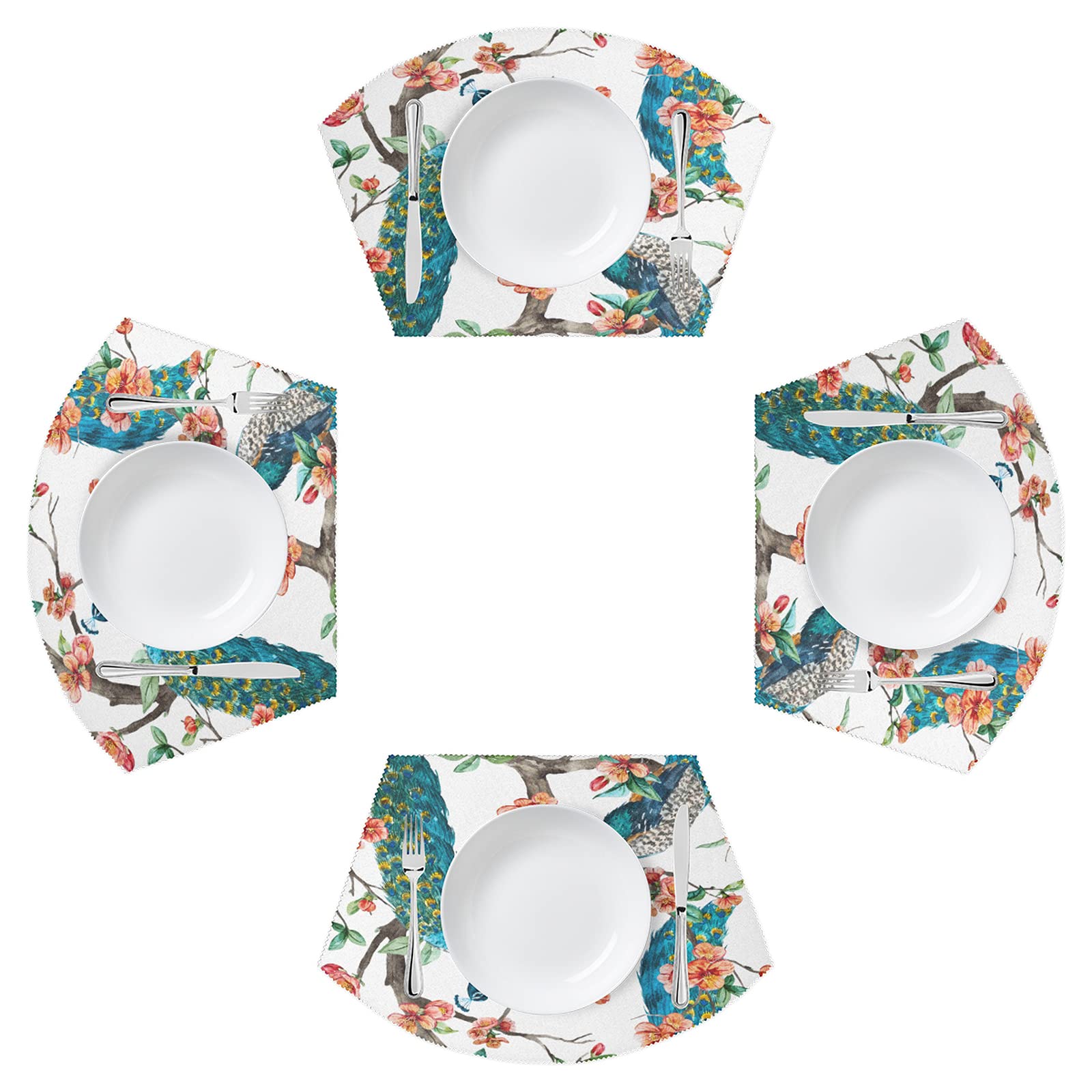 Premium Round Table Placemats Set of 4 - Peacock Floral Design, Heat Resistant & Washable Table Mats for Dining, Kitchen, or Outdoor Use