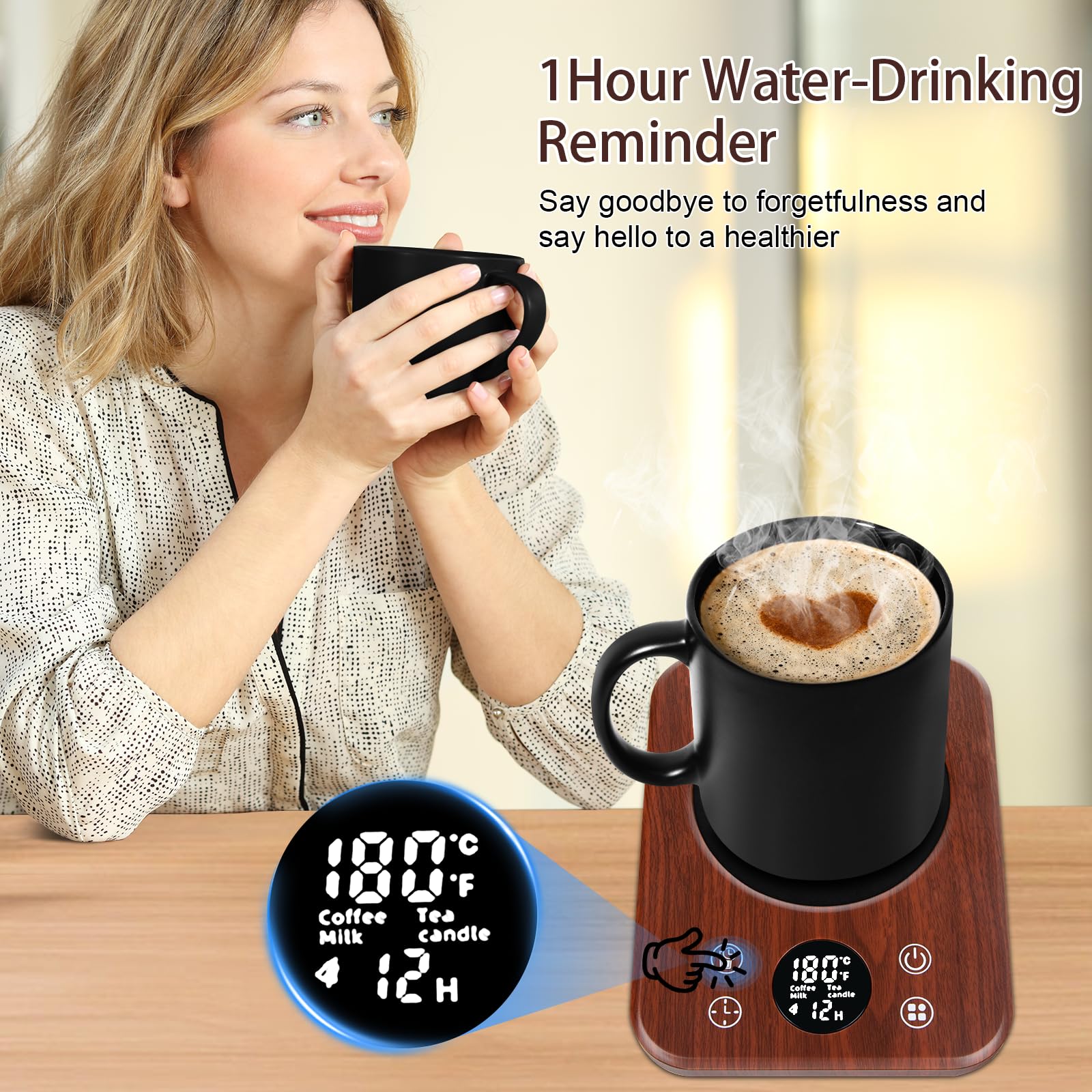 Smart Electric Coffee Mug Warmer with 9 Temperature Settings - Auto Shutoff & 12-Hour Timer - USB Powered Desktop Cup Warmer for Coffee, Tea, Milk - Perfect for Office, Home & Gift Giving