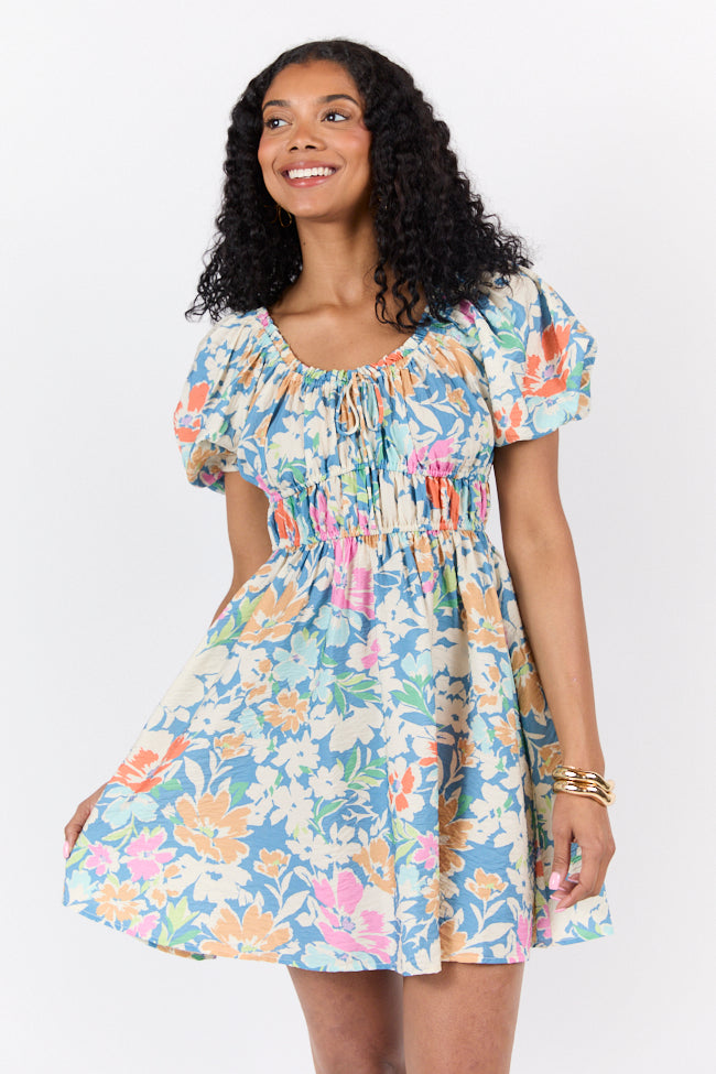 Remember Me Teal Multi Floral Short Sleeve Mini Dress - Women's Summer Floral Print Party Dress for Beach Vacation & Date Night