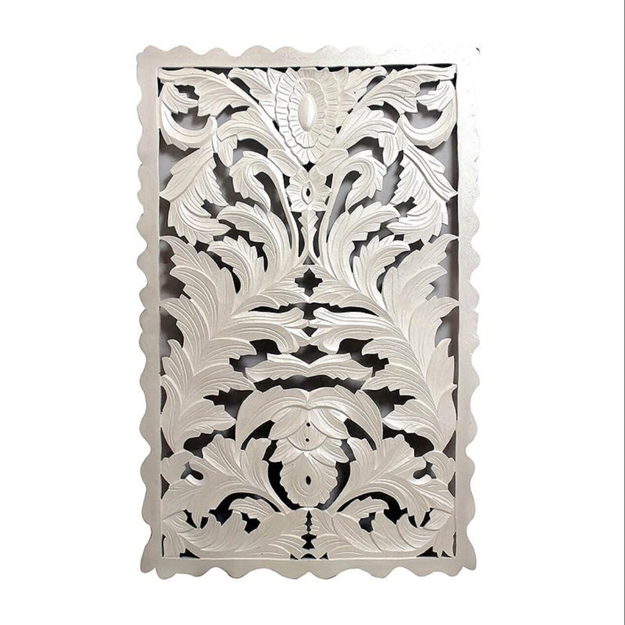 Handcrafted White Wooden Rectangular Wall Art with Carved Design - Elegant Home Decor for Living Room, Bedroom & Office | A and B Home 43812