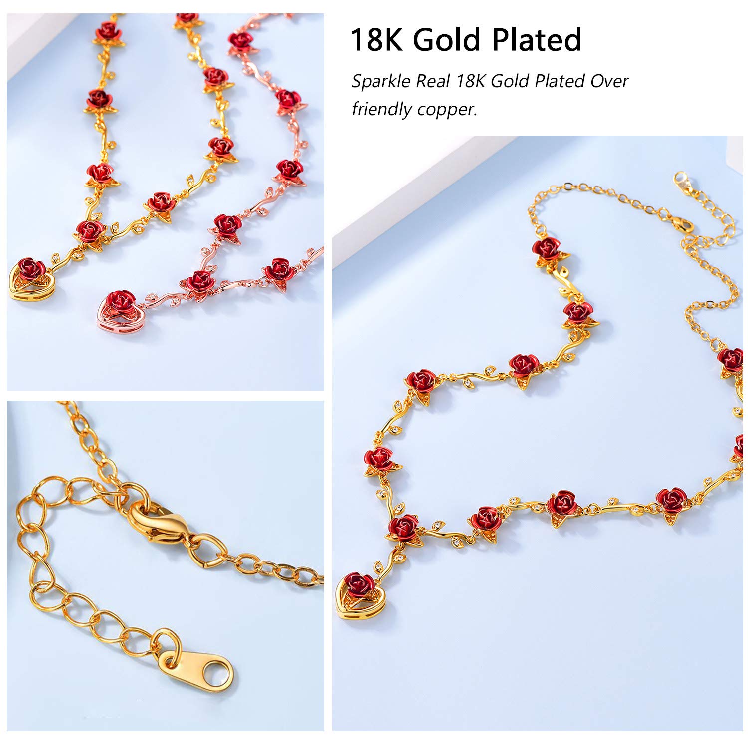 3D Red Rose Necklace with Heart Pendant - Romantic Love Gift for Women - Gold/Rose Gold Plated Vintage Jewelry - Perfect for Valentine's Day, Anniversary & Special Occasions (Includes Gift Box)