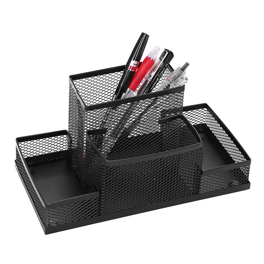 Metal Mesh Desk Organizer with 4 Compartments - Multi-Functional Office Storage Caddy, Pen Holder & Stationery Organizer for Home, Office & School Supplies | Perfect for Decluttering Desks, Organizing Schoolwork & Office Accessories