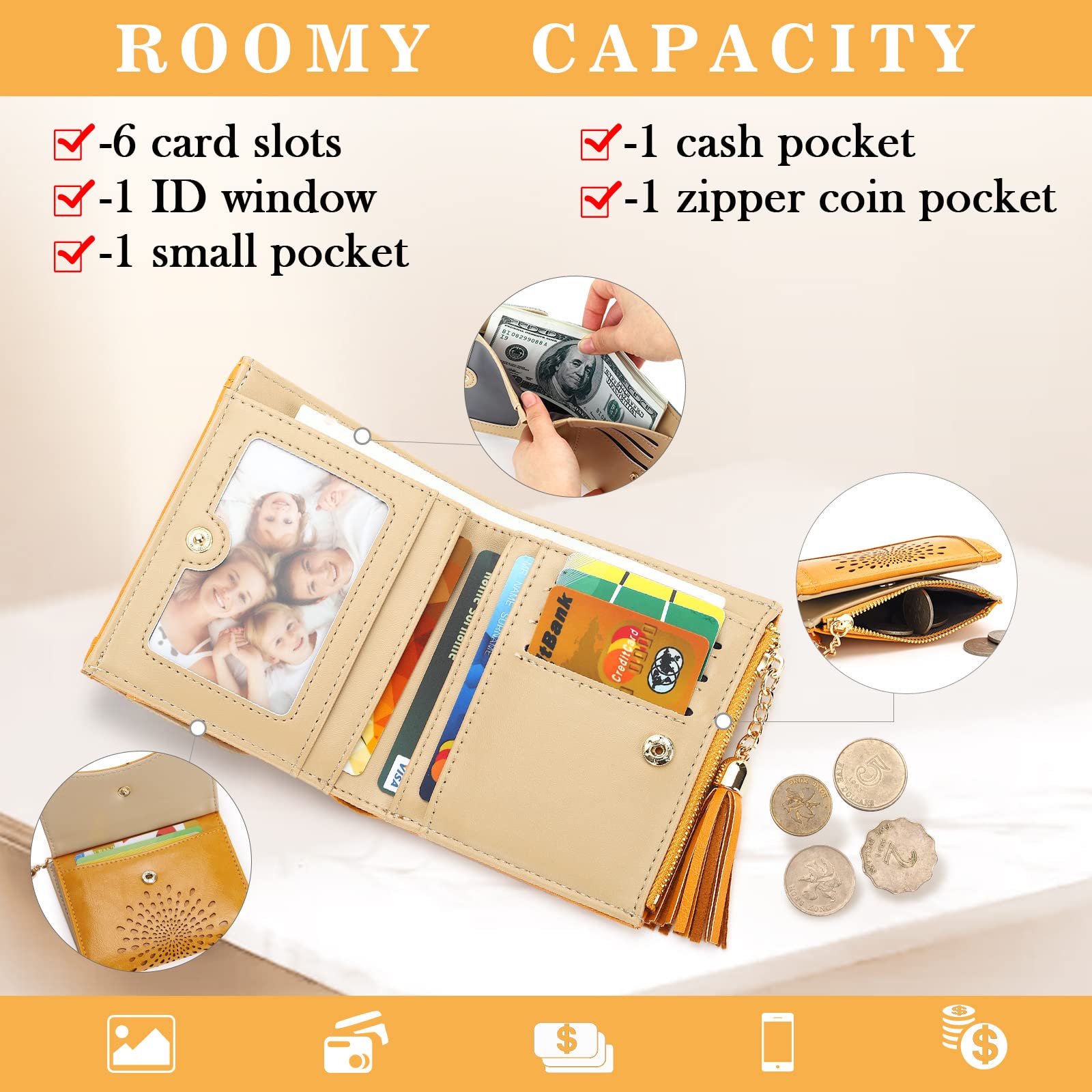 APHISON Small RFID Blocking Leather Wallet for Women - Cute Sunflower Bifold Wallet with Zipper, Tassel & ID Card Holder - Compact Yellow Coin Purse (Perfect for Everyday Use, Travel & Gift Giving)