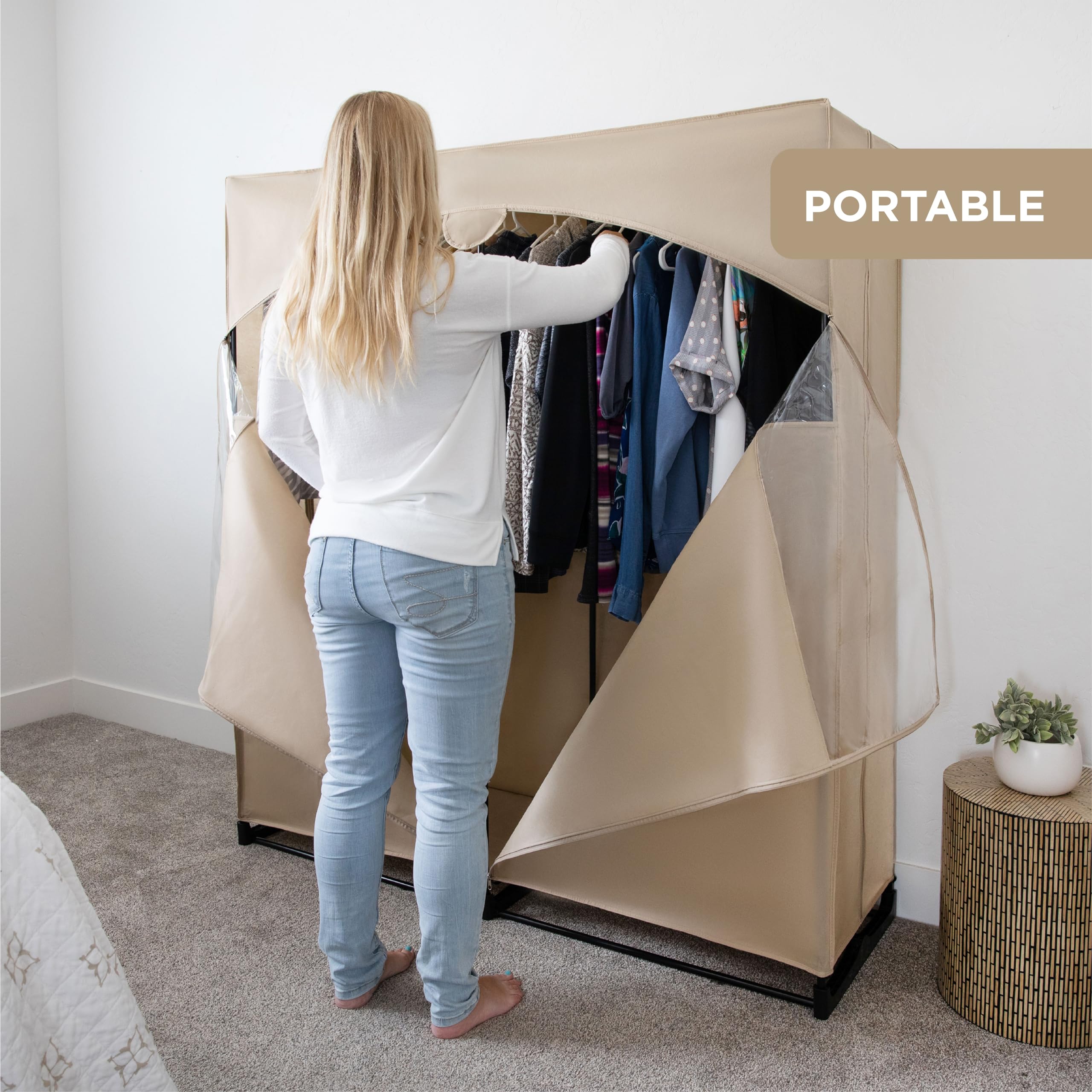 Premium Heavy Duty Portable Wardrobe Closet with Beige Cover - Large Metal Hanging Rod, 50 lb Capacity - Easy No-Tool Assembly for Travel, Camping & Temporary Storage