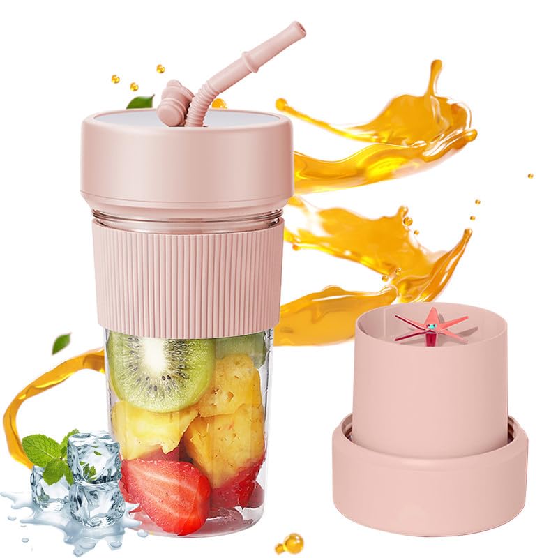 Mini Portable Blender Cup - 11.83oz BPA-Free Personal Blender with USB & Type-C Charging for Smoothies, Shakes & Juices | Perfect for Kitchen, Travel, Gym & Office - Pink