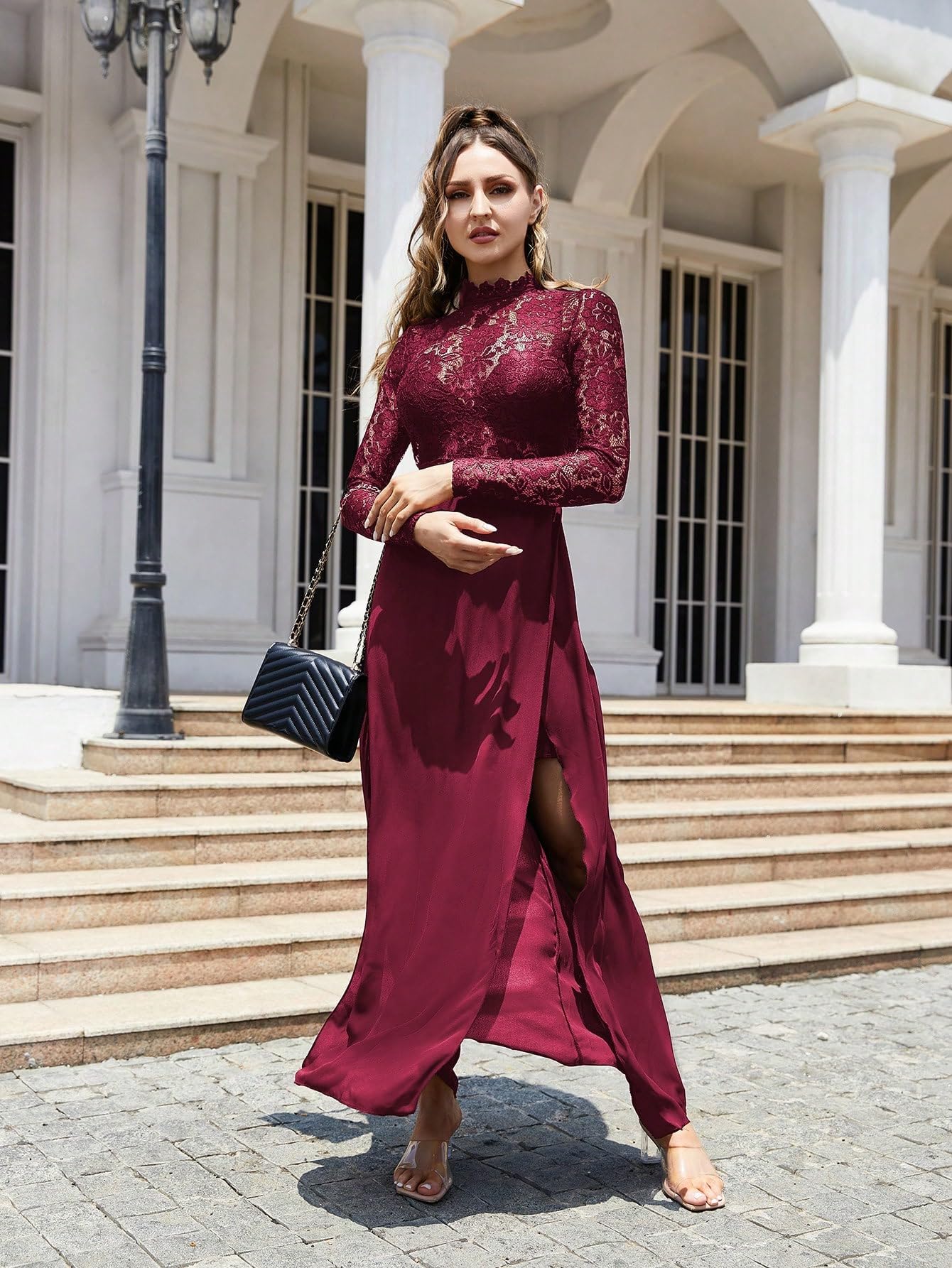 SweatyRocks Women's Sexy Sheer Lace Long Sleeve Split Maxi Cocktail Party Dress for Evening Gala, Prom, Wedding Guest & Special Occasions