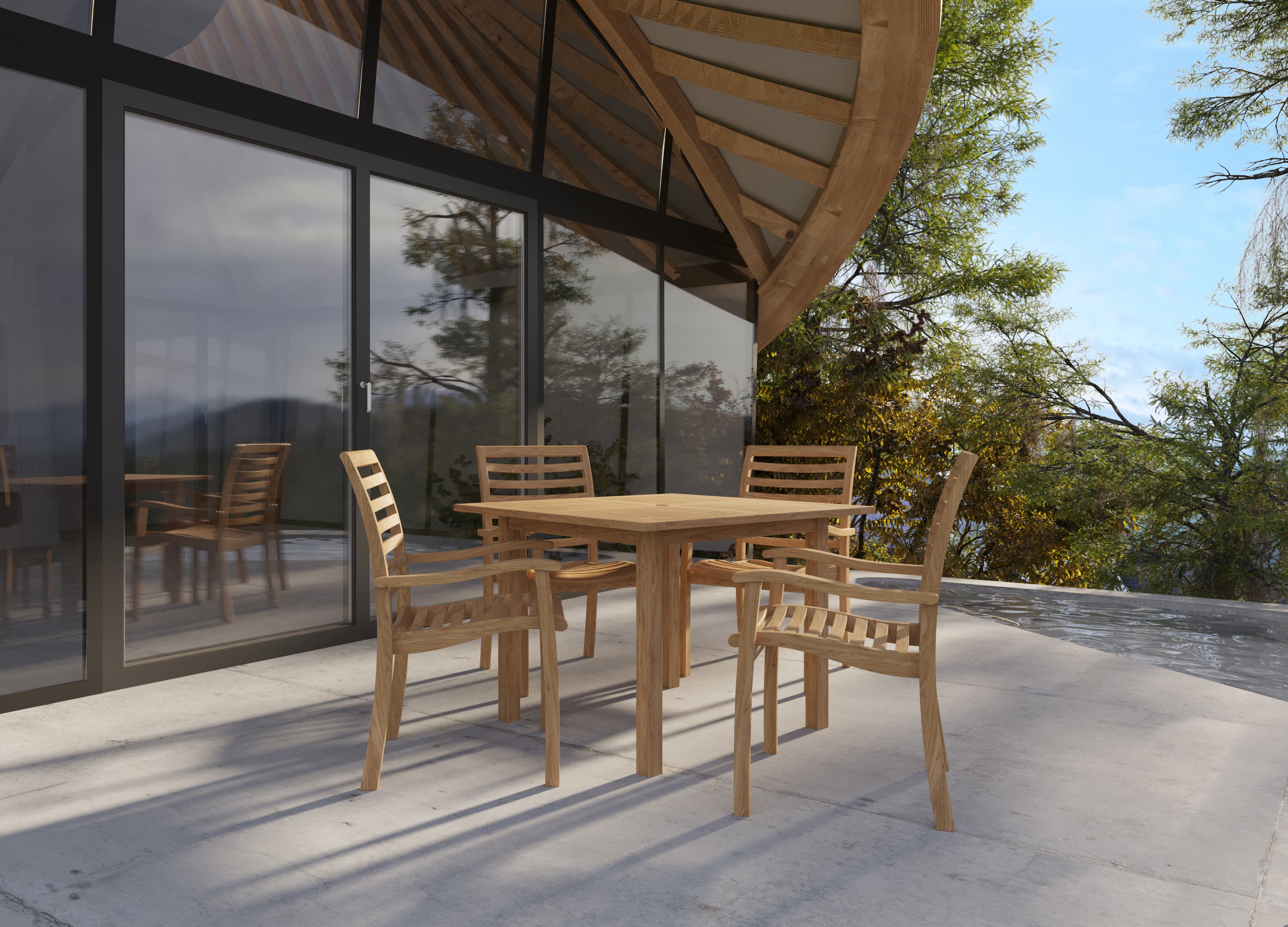 Premium 5-Piece Square Teak Outdoor Dining Set with Stacking Armchairs - Weather-Resistant Patio Furniture for Garden, Poolside & Backyard Entertaining