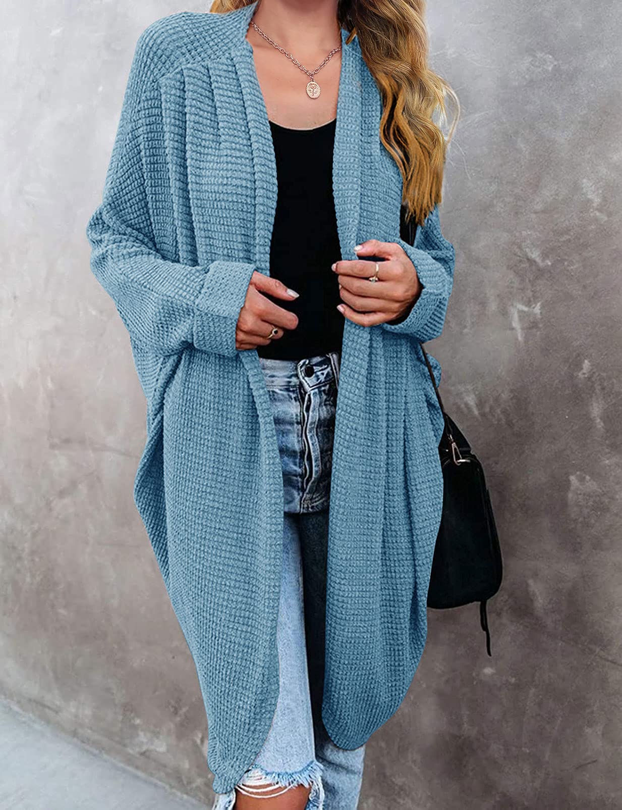 MEROKEETY Women's 2025 Fall Waffle Knit Batwing Long Sleeve Cardigan - Loose Open Front Sweater Coat for Casual Outfits & Layering | Perfect for Autumn, Office Wear & Coffee Dates