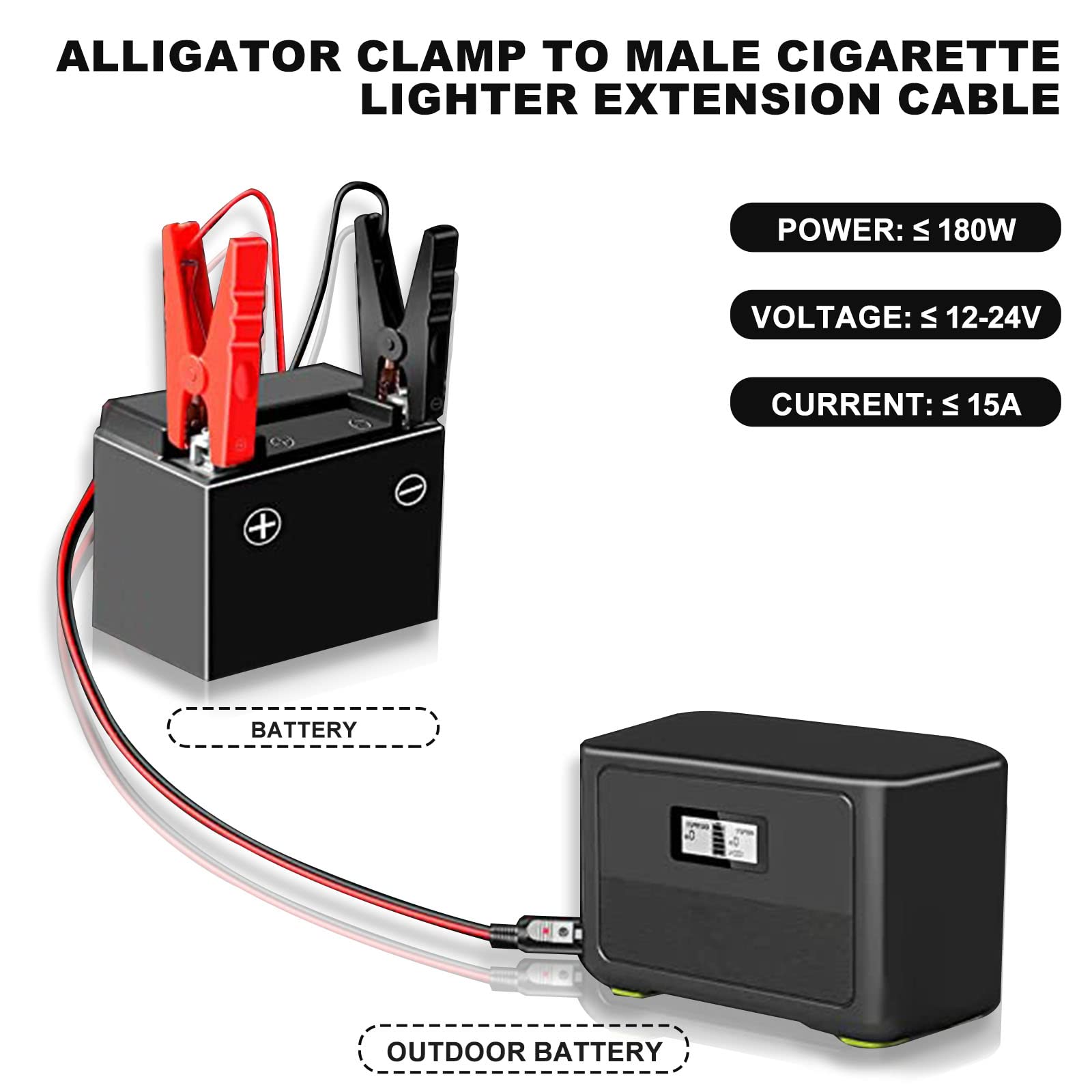 12V Heavy-Duty 16AWG Cigarette Lighter to Alligator Clips Battery Charger Cable with 15A Fuse - 9.8FT Extension Cord for Car Jump Start, Power Inverters & Emergency Battery Charging