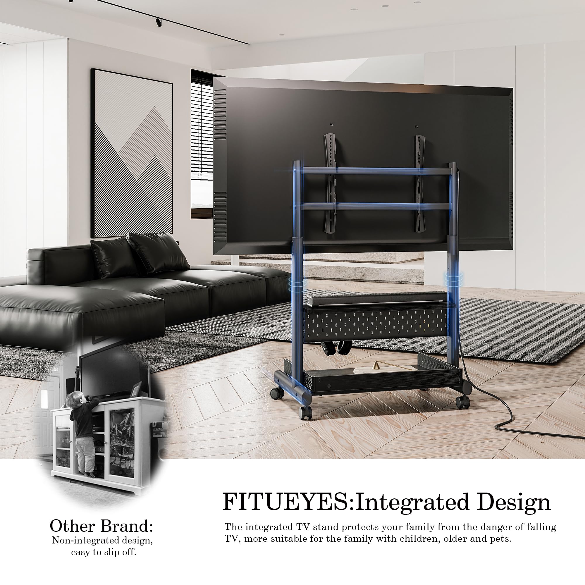 FITUEYES Rolling TV Stand for 40-85 Inch TVs - Mobile Floor TV Cart with Wheels & Wooden Shelf, Supports Up to 132 lbs - Perfect for Living Room, Bedroom, Office, or Dorm Room Entertainment Setup