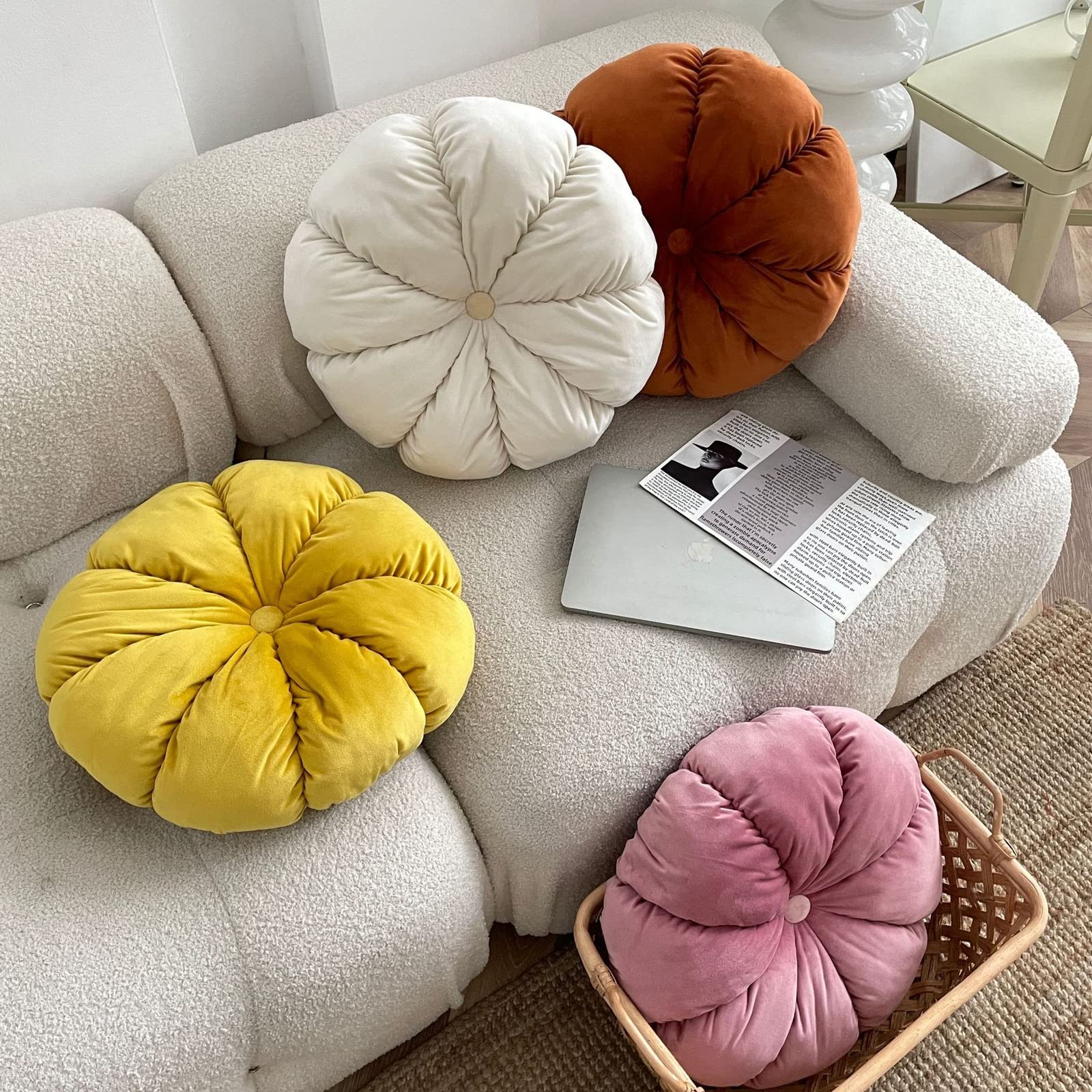 Pumpkin Velvet Round Throw Pillows - Soft Pleated Decorative Cushions for Sofa, Bed, Living Room & Office Chair - Cozy Home Decor Accent for Fall & Winter Seasons