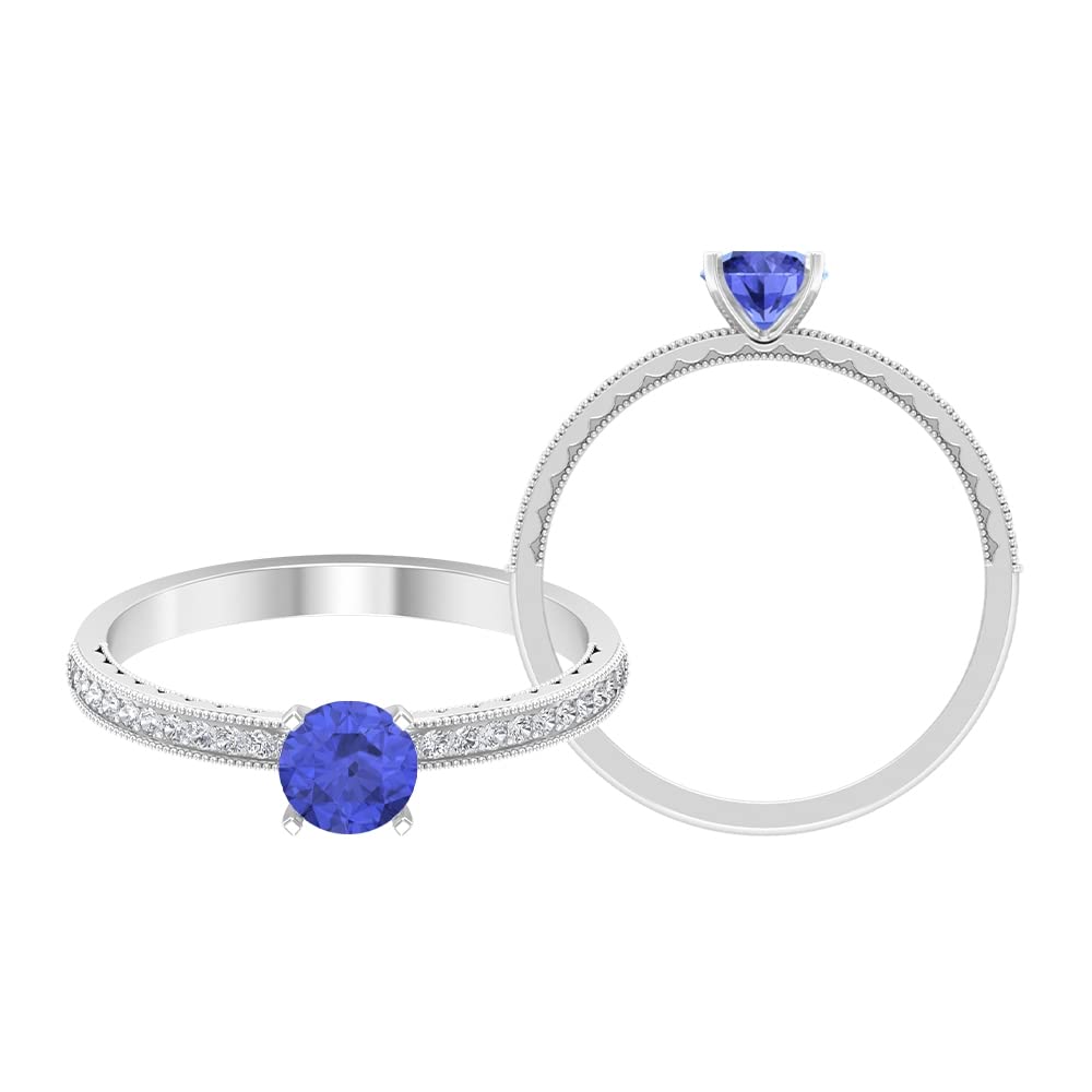 3/4 CT Tanzanite and Diamond Engagement Ring - 14K Solid Gold Solitaire Ring with Diamond Side Stones & Milgrain Detailing - Perfect for Proposals, Anniversaries & Special Occasions