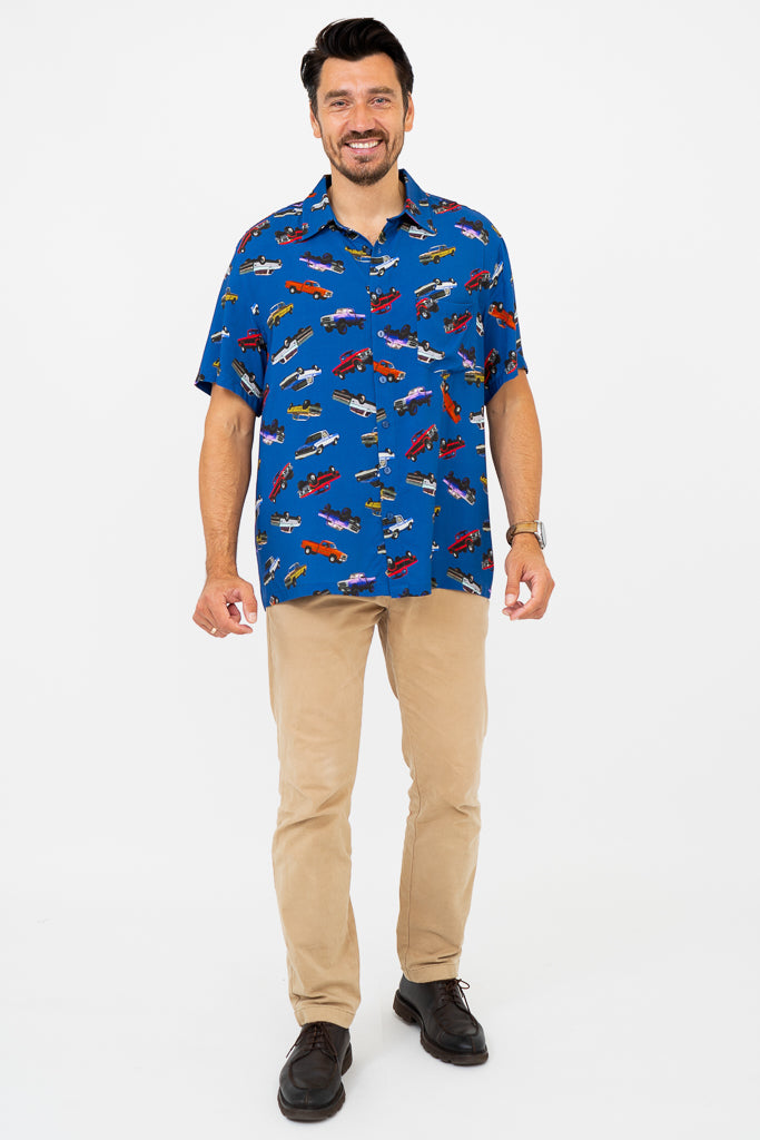 Dinosaur Print Shirt for Kids - Blue Truck Design, Soft Woven Bamboo Fabric - Perfect for Playdates, School & Outdoor Adventures