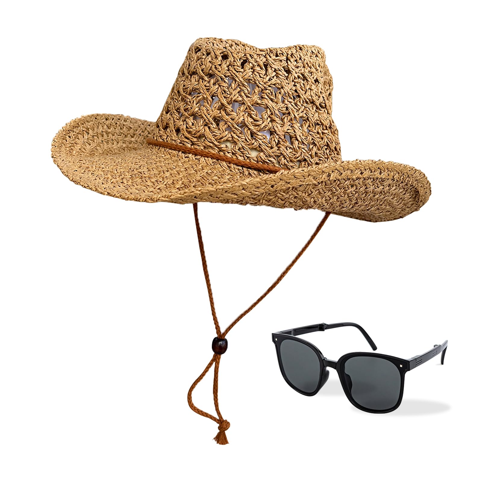 Stylish Straw Cowboy Hat with Wide Brim - Summer Western Sun Hat for Men & Women - Perfect for Beach, Festival, and Holiday Parties - Includes Matching Sunglasses
