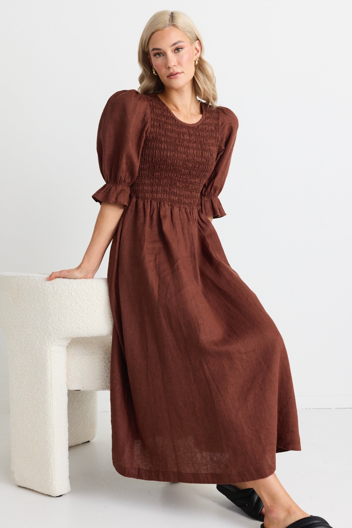 Canary Chocolate Linen Puff Sleeve Shirred Bodice Midi Dress - Elegant Summer Dress for Women, Perfect for Beach Vacations, Garden Parties & Date Nights