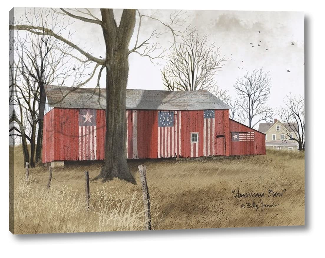 Americana Barn by Billy Jacobs - 18x24 Inch Farmhouse Canvas Wall Art Print - Ready to Hang - Perfect for Living Room, Bedroom & Office Decor