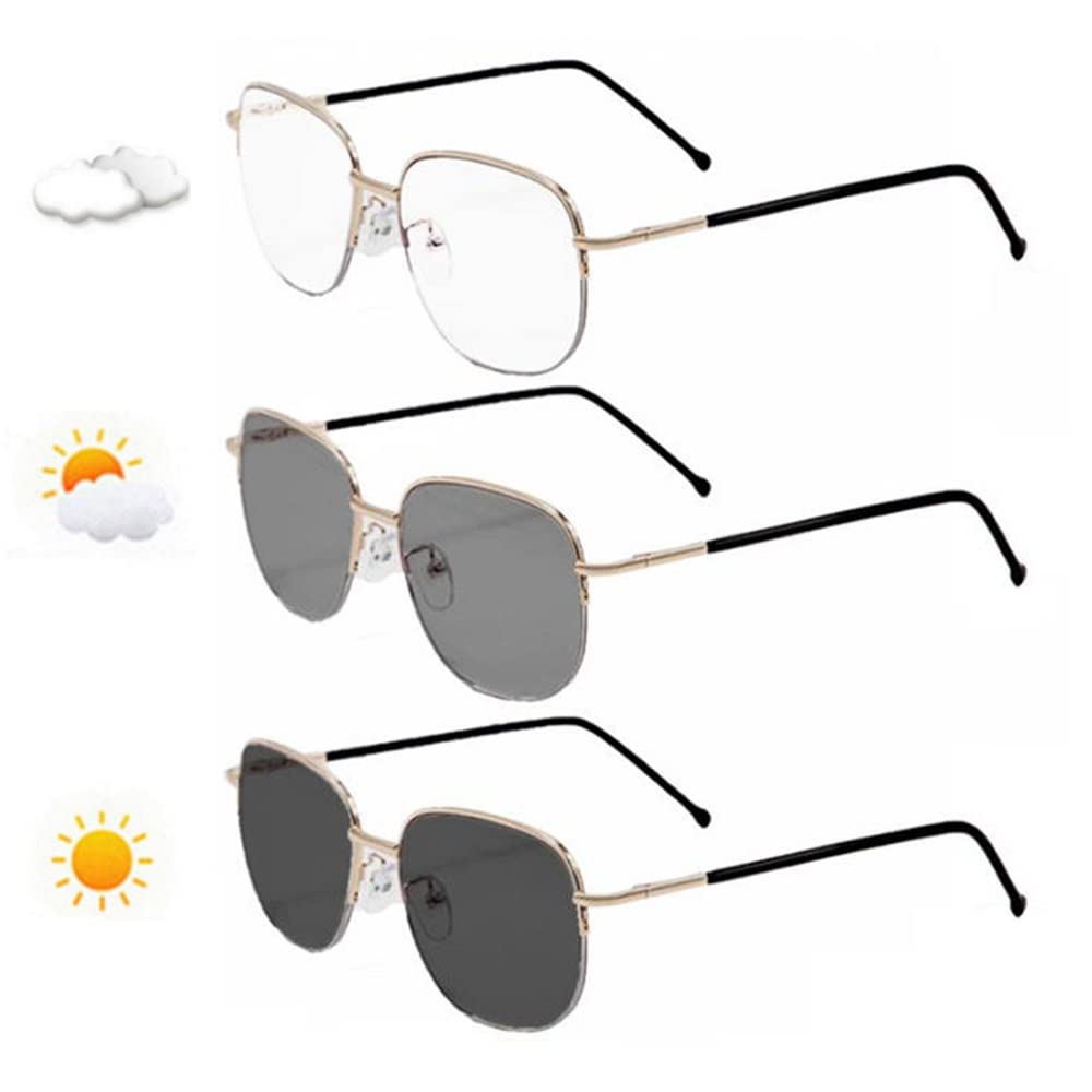 XUAN Photochromic Reading Glasses - Transition Multifocus Blue Light Blocking Glasses for Men & Women - Half Rim Sun Readers with Anti-UV Protection (+3.0 Magnification, Gold Frame) - Perfect for Indoor/Outdoor Reading, Driving & Computer Use