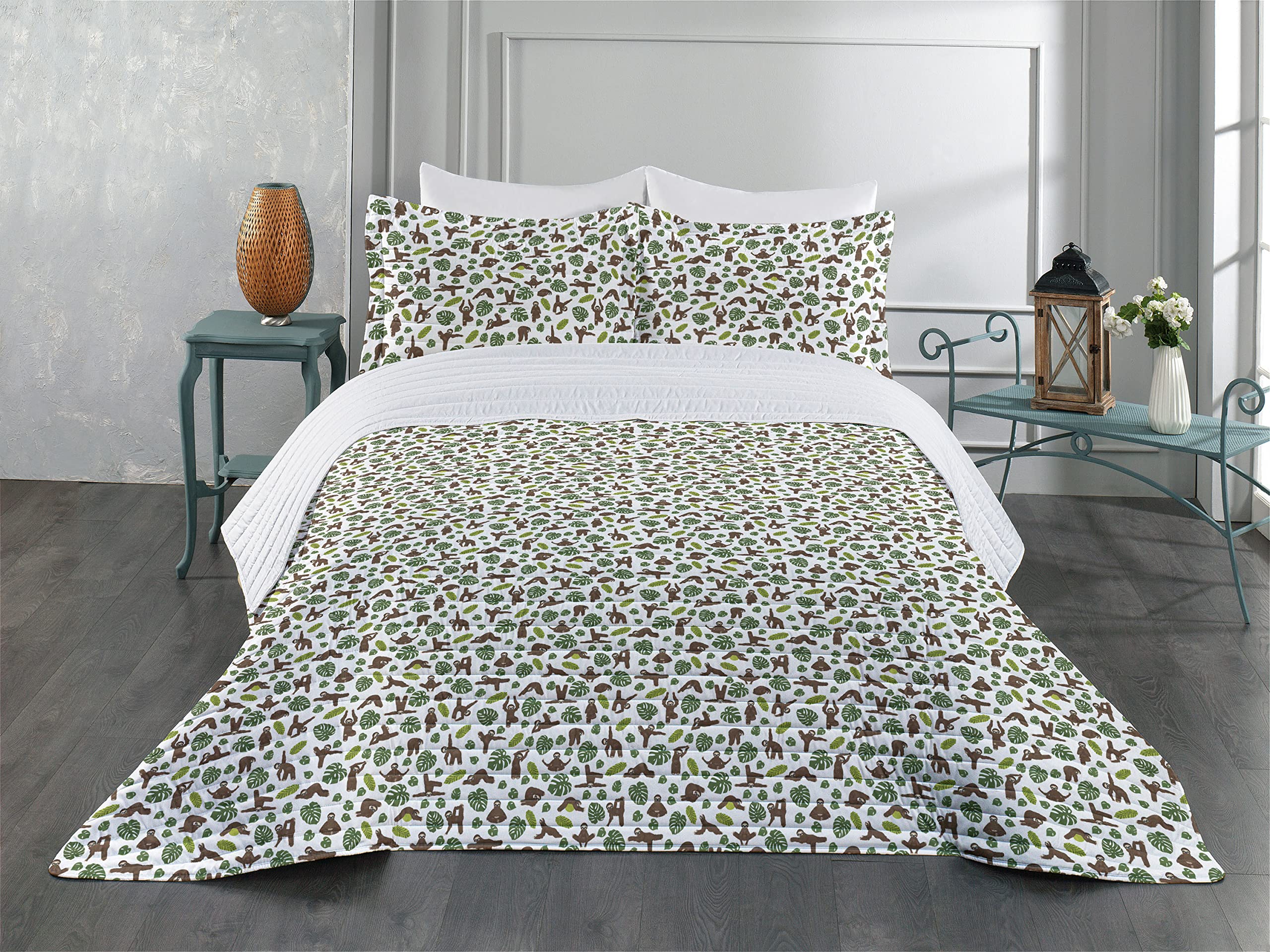 Ambesonne Funny Sloth Microfiber Bedspread Set - King Size Soft Bedding with Pillow Shams & Comforter in Umber Olive Green - Yoga & Lazy Animal Print for Cozy Home Decor, Perfect for Bedrooms & Dorm Rooms