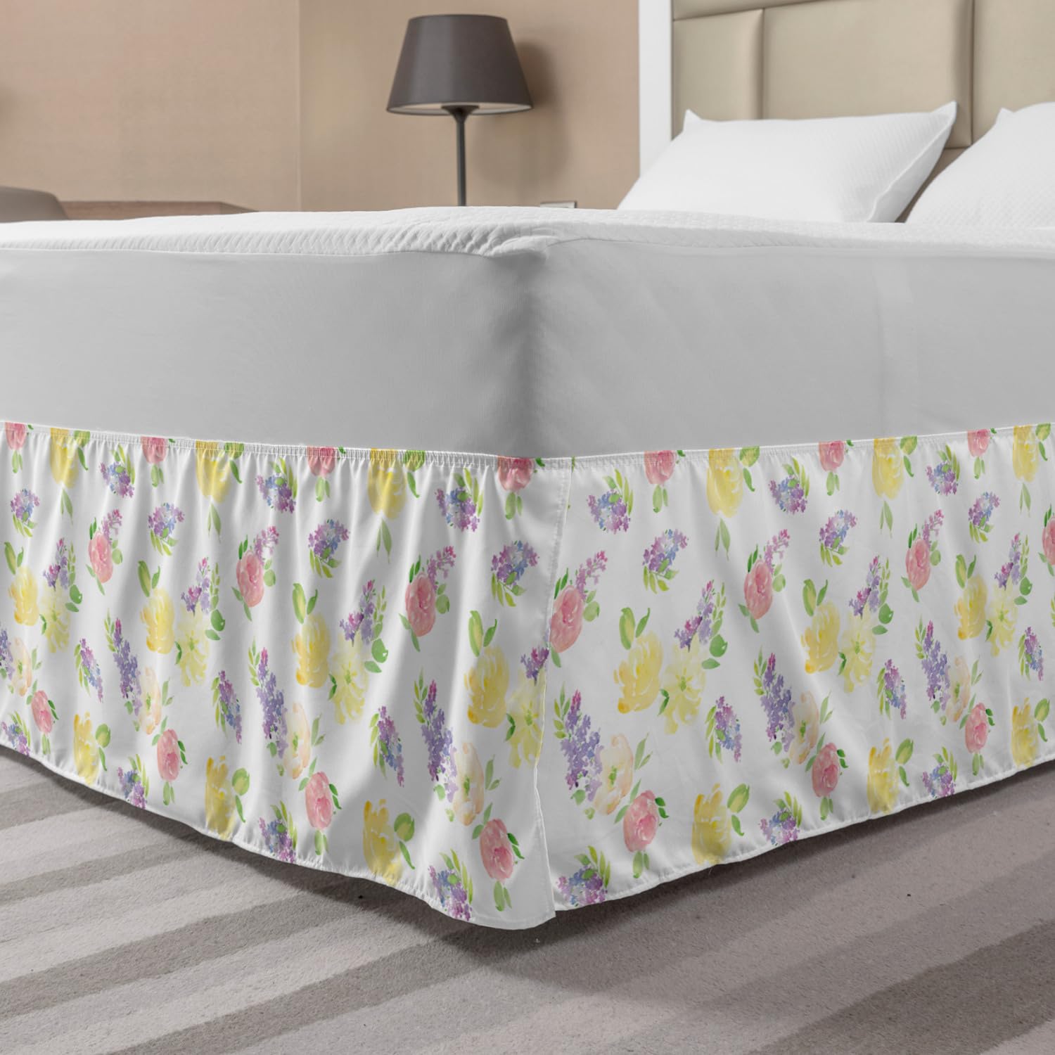 Ambesonne Watercolor Bedskirt - Floral Aquarelle Design on Plain Backdrop, Elastic Wrap Around King Size Bed Skirt with Gathered Detail, Multicolor - Perfect for Bedroom Decor & Guest Room Styling